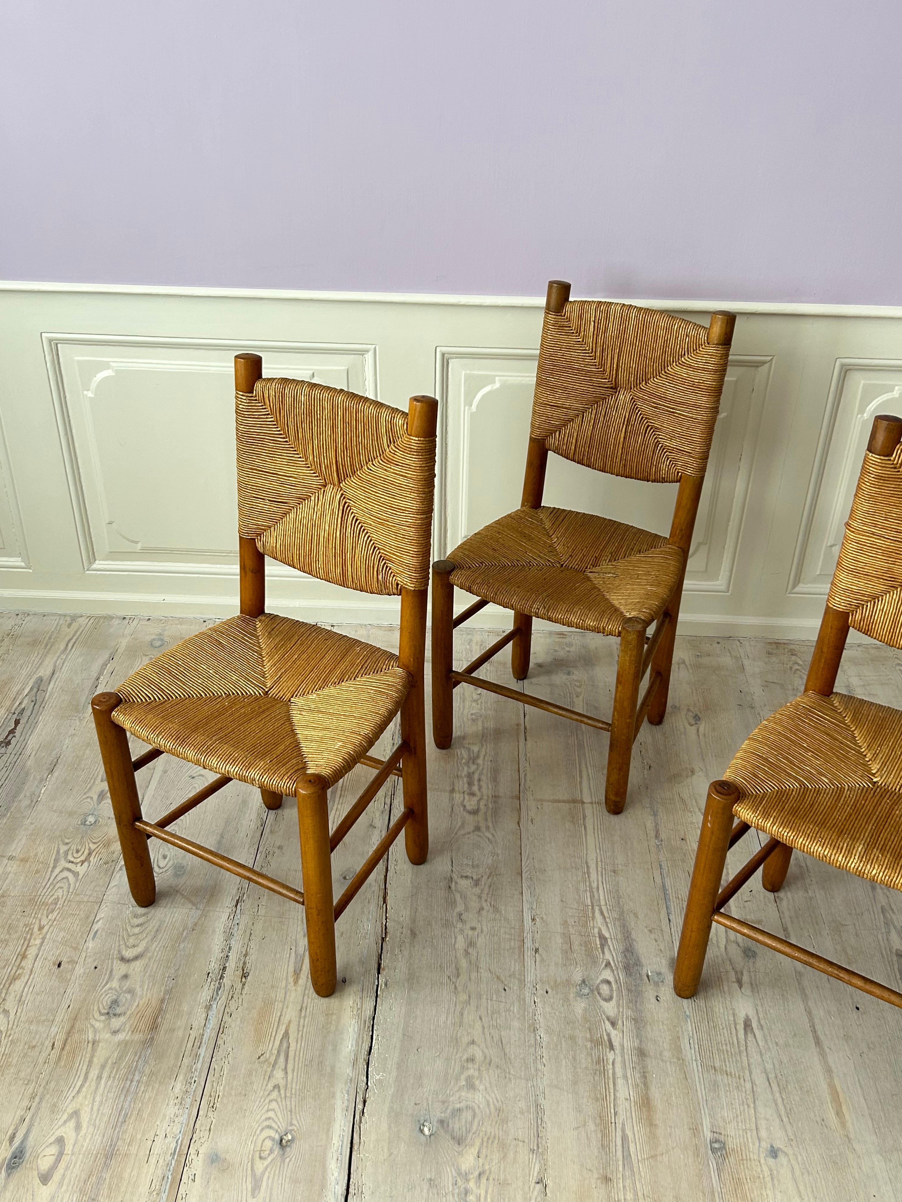 Vintage Set of Four Chairs in Ash and Straw, France, 1950s For Sale 1