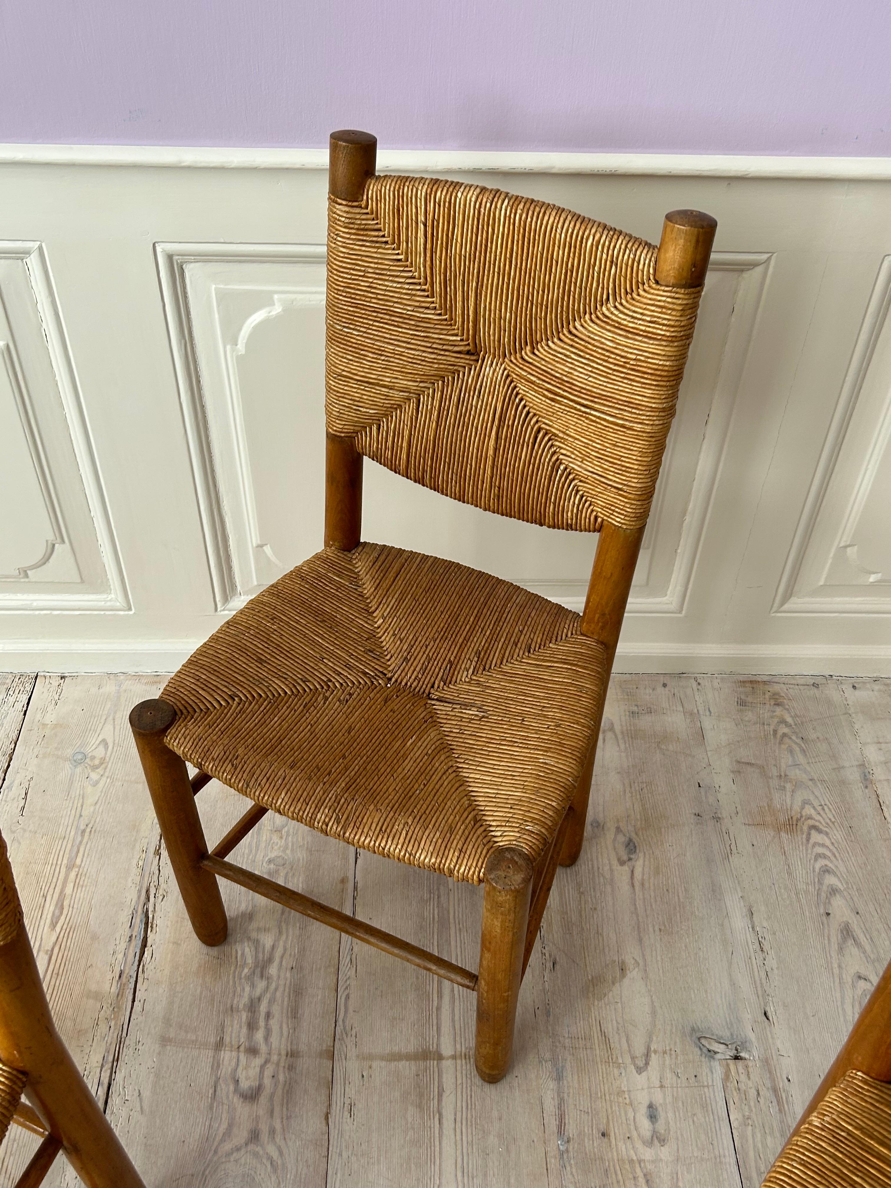 Vintage Set of Four Chairs in Ash and Straw, France, 1950s For Sale 3