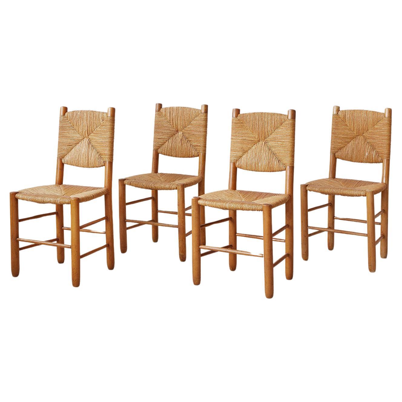 Vintage Set of Four Chairs in Ash and Straw, France, 1950s For Sale