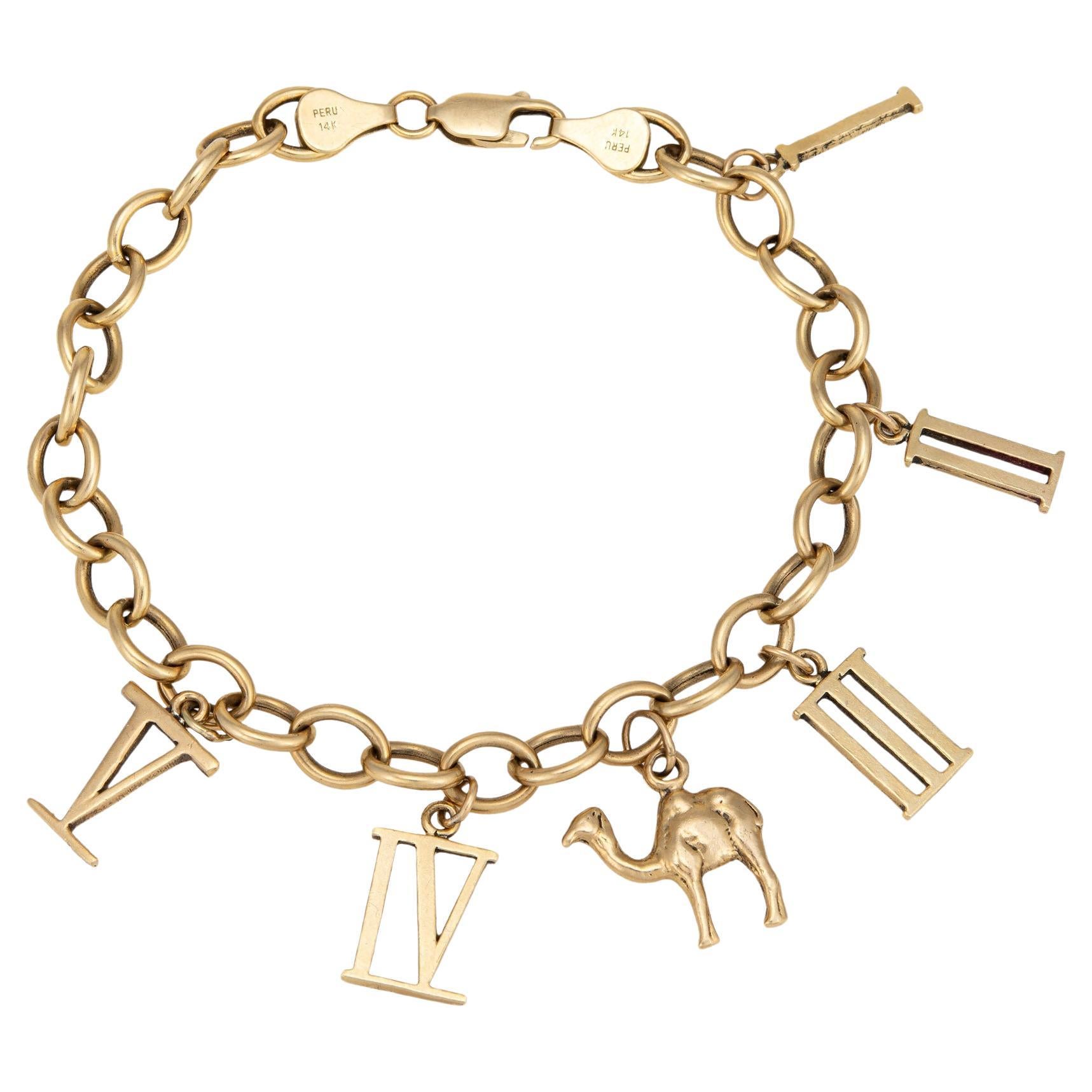 Vintage Charm Bracelet 14k Yellow Gold Camel Roman Numerals 8" Fine Jewelry