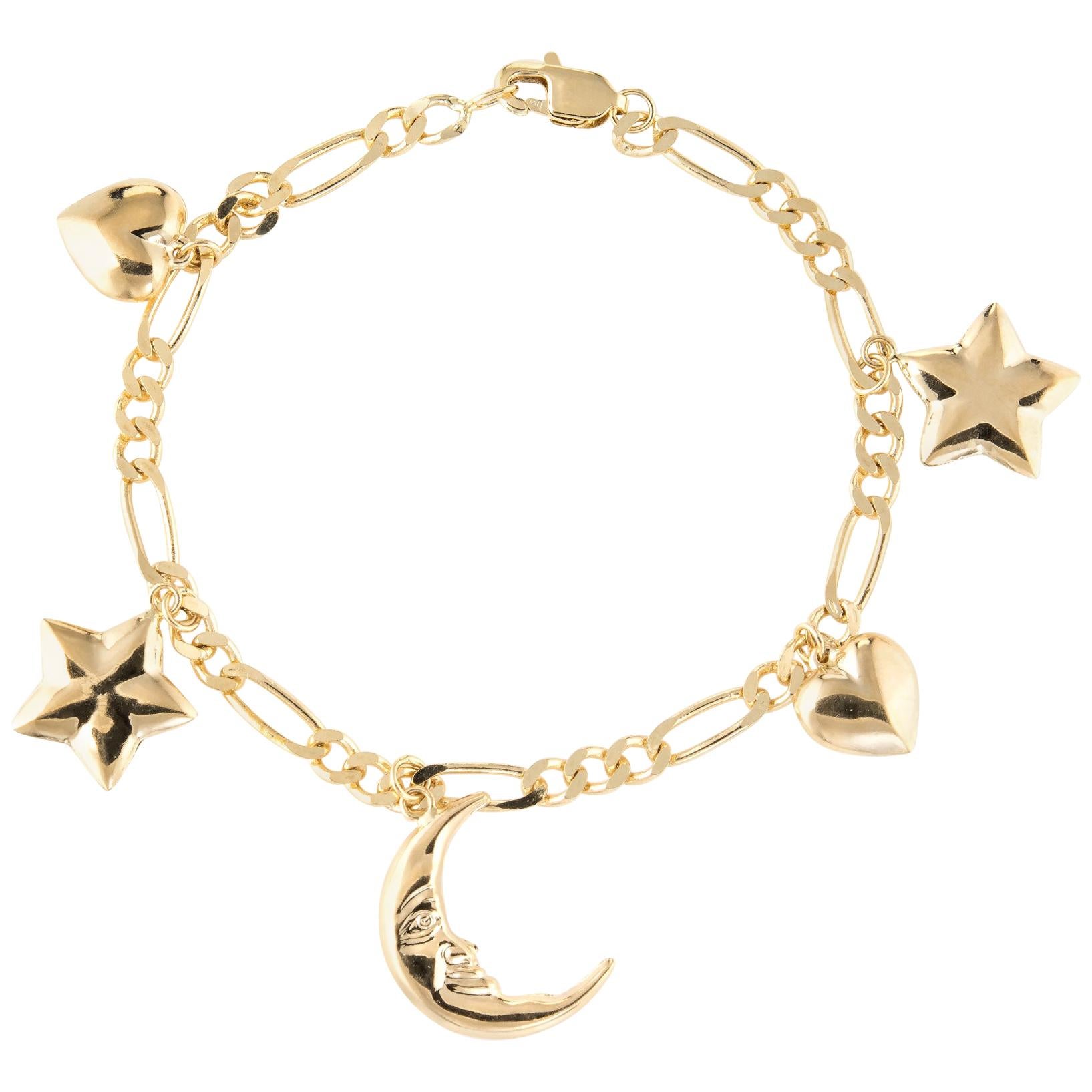 Vintage Charm Bracelet Crescent Moon Star Heart 14 Karat Gold Estate Jewelry