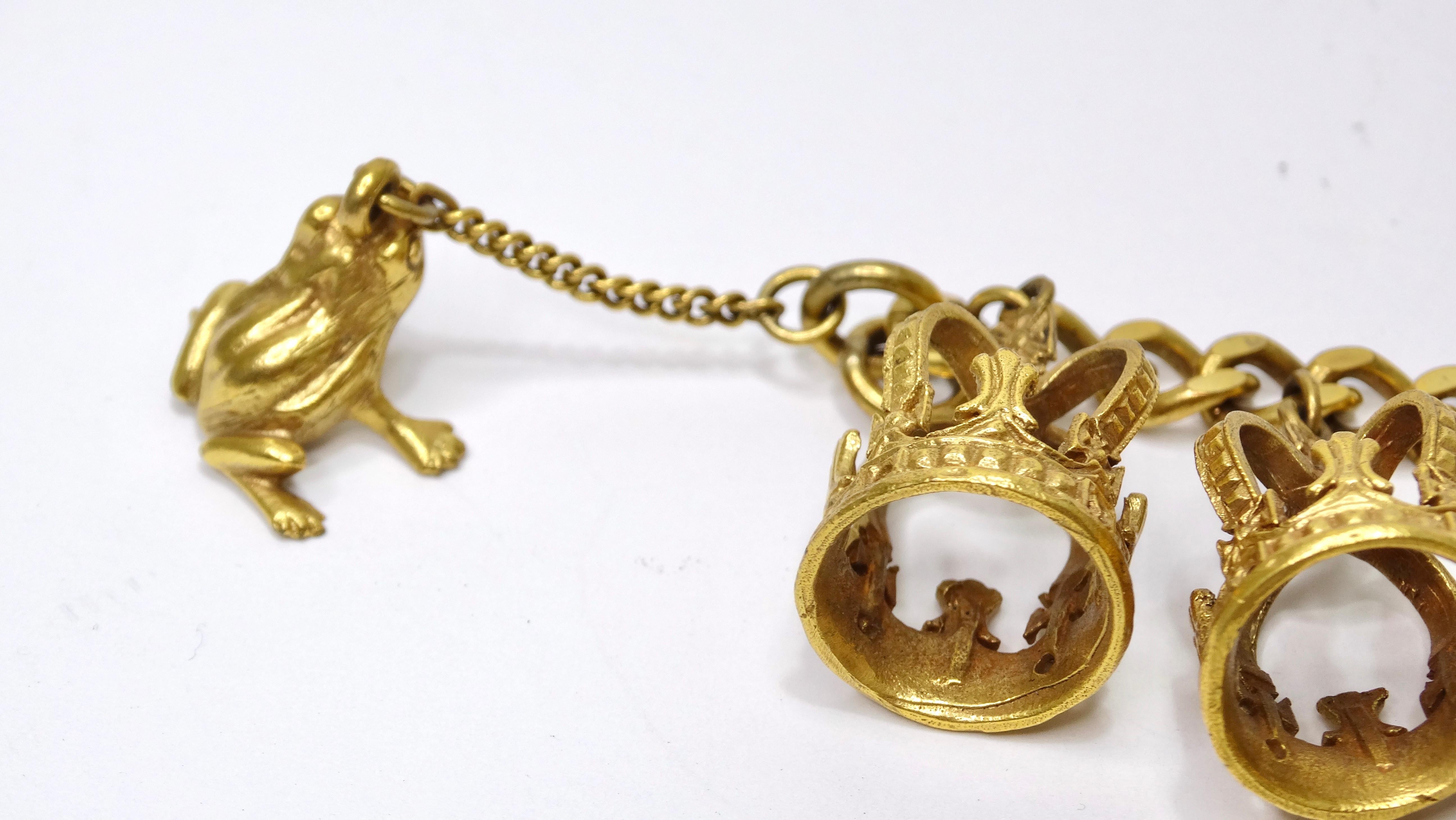 Vintage Charm Bracelet Gold Crowns & Frog Prince In Excellent Condition In Scottsdale, AZ