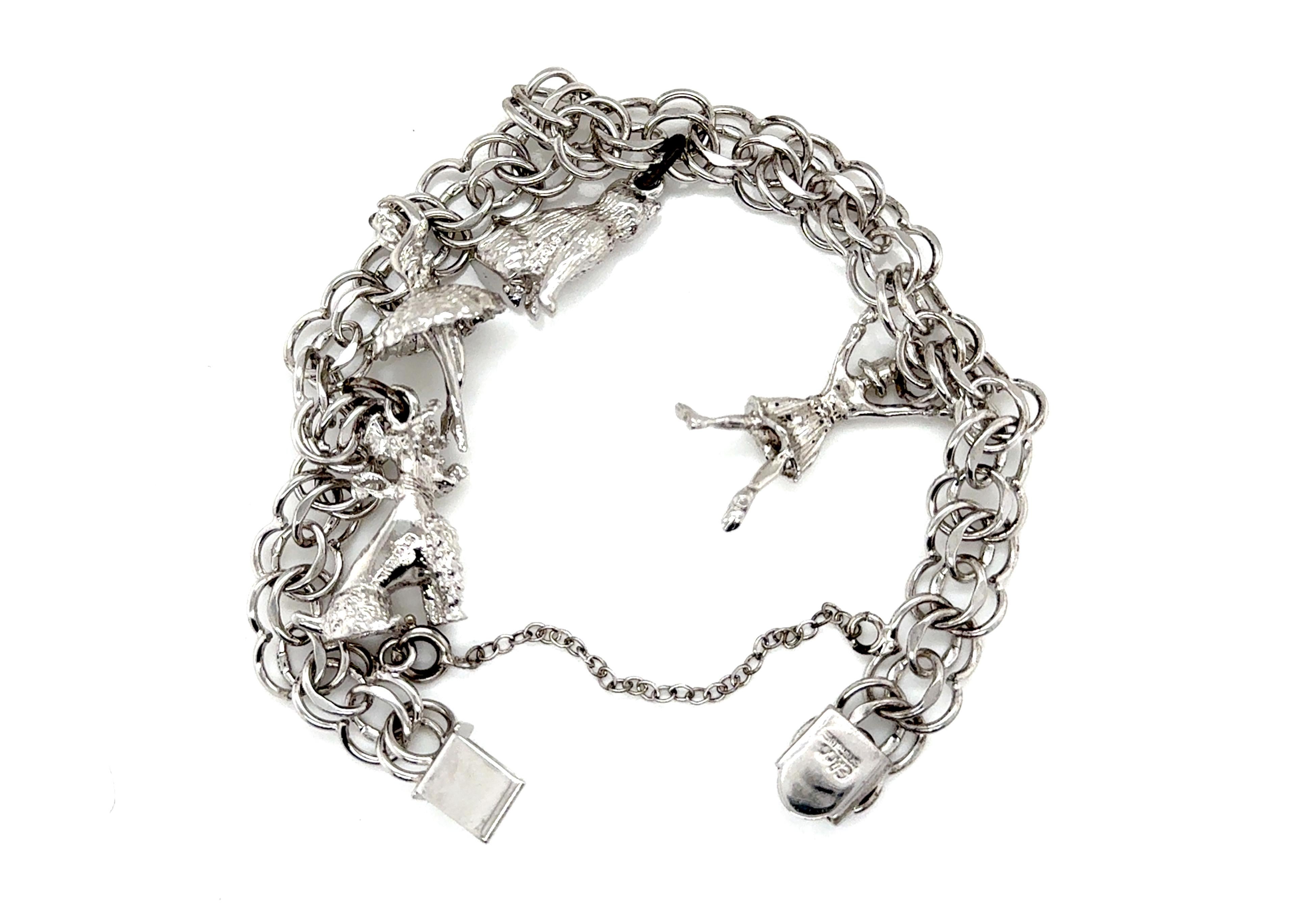 Vintage Charm Bracelet Sterling Silver Elco Cat Dog Ballerina Cheerleader Excellent état - En vente à Dearborn, MI