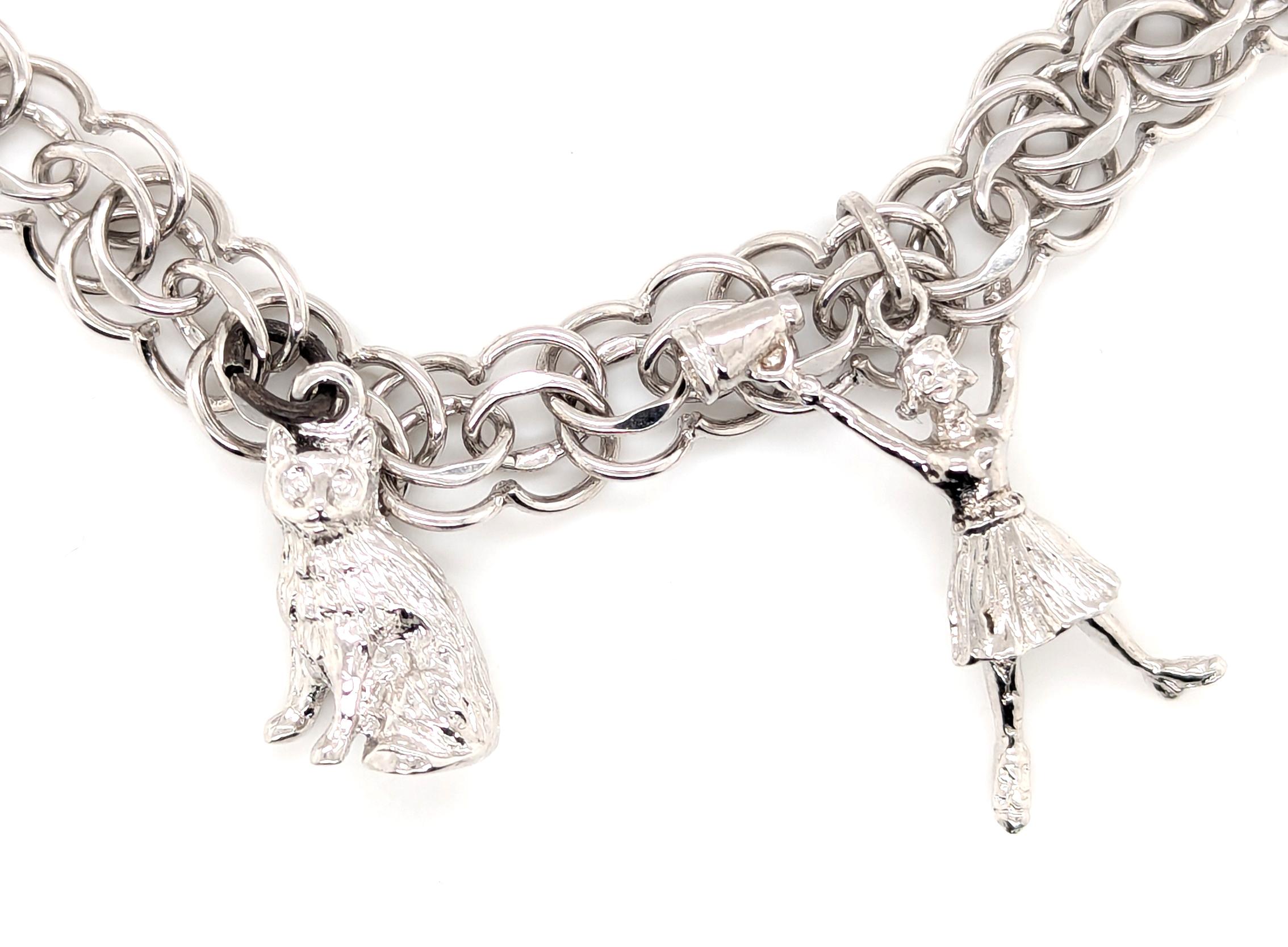 Vintage Charm Bracelet Sterling Silver Elco Cat Dog Ballerina Cheerleader en vente 1