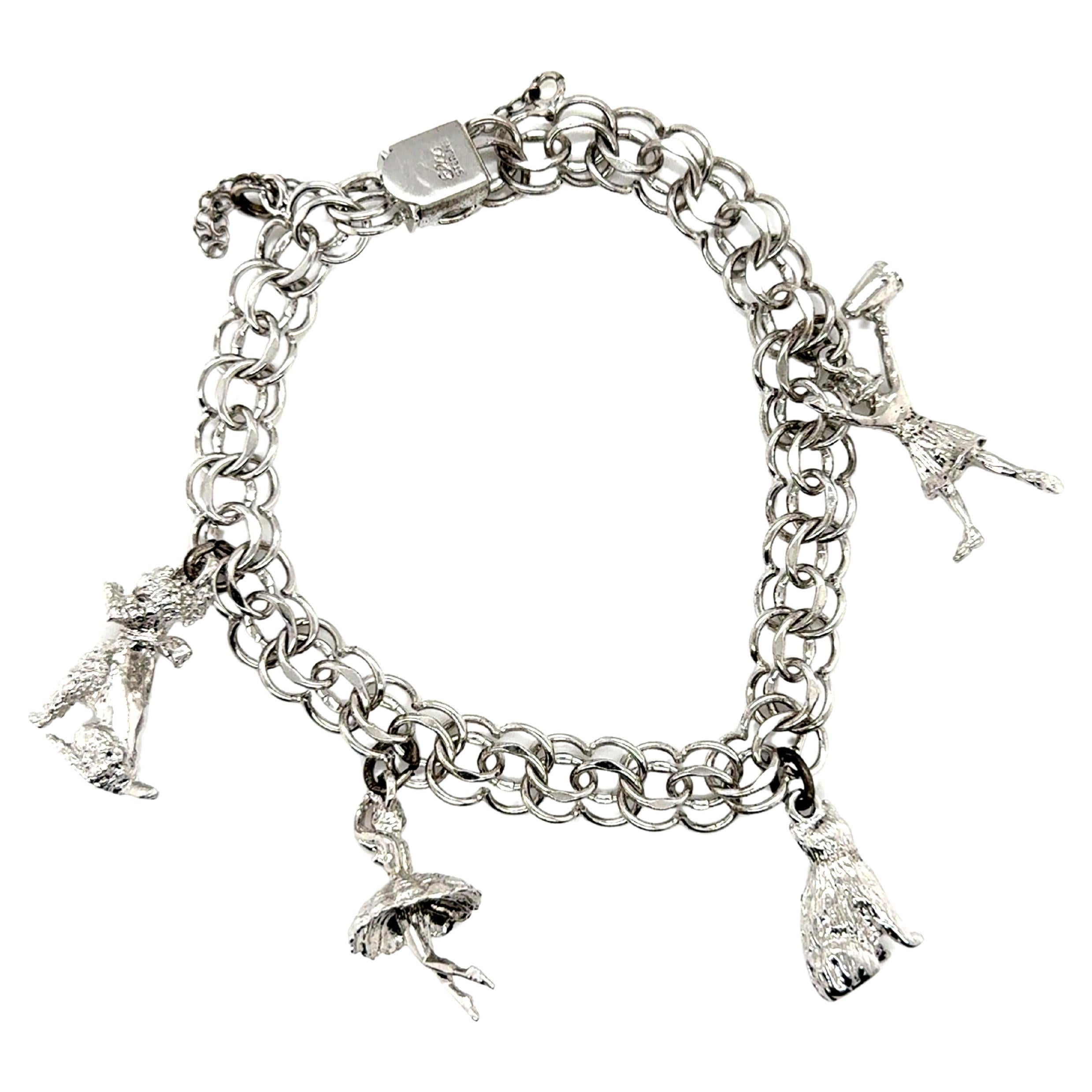 Vintage Charm Bracelet Sterling Silver Elco Cat Dog Ballerina Cheerleader
