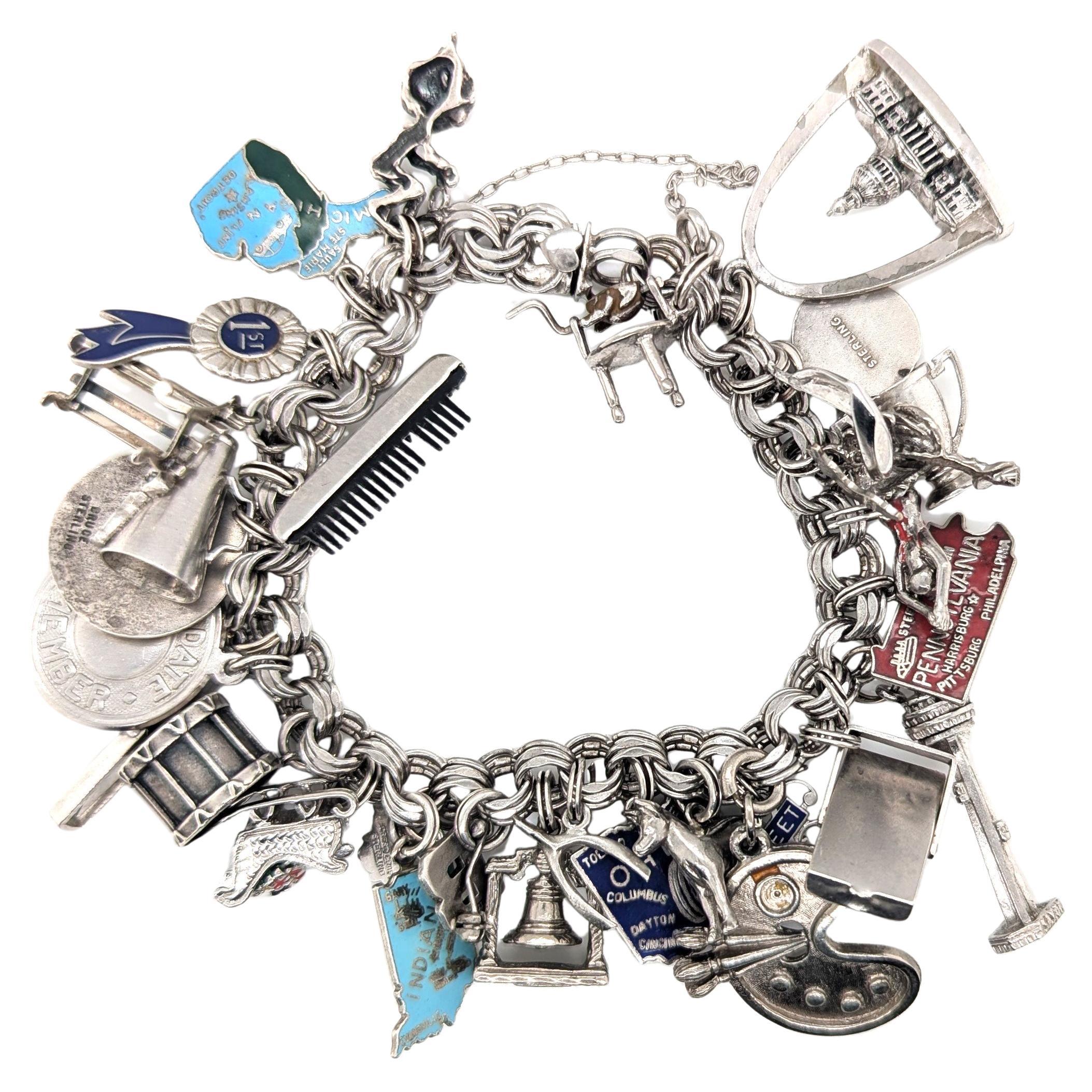 Bracciale charme vintage in argento sterling Elco Ohio Michigan Indiana Niagra