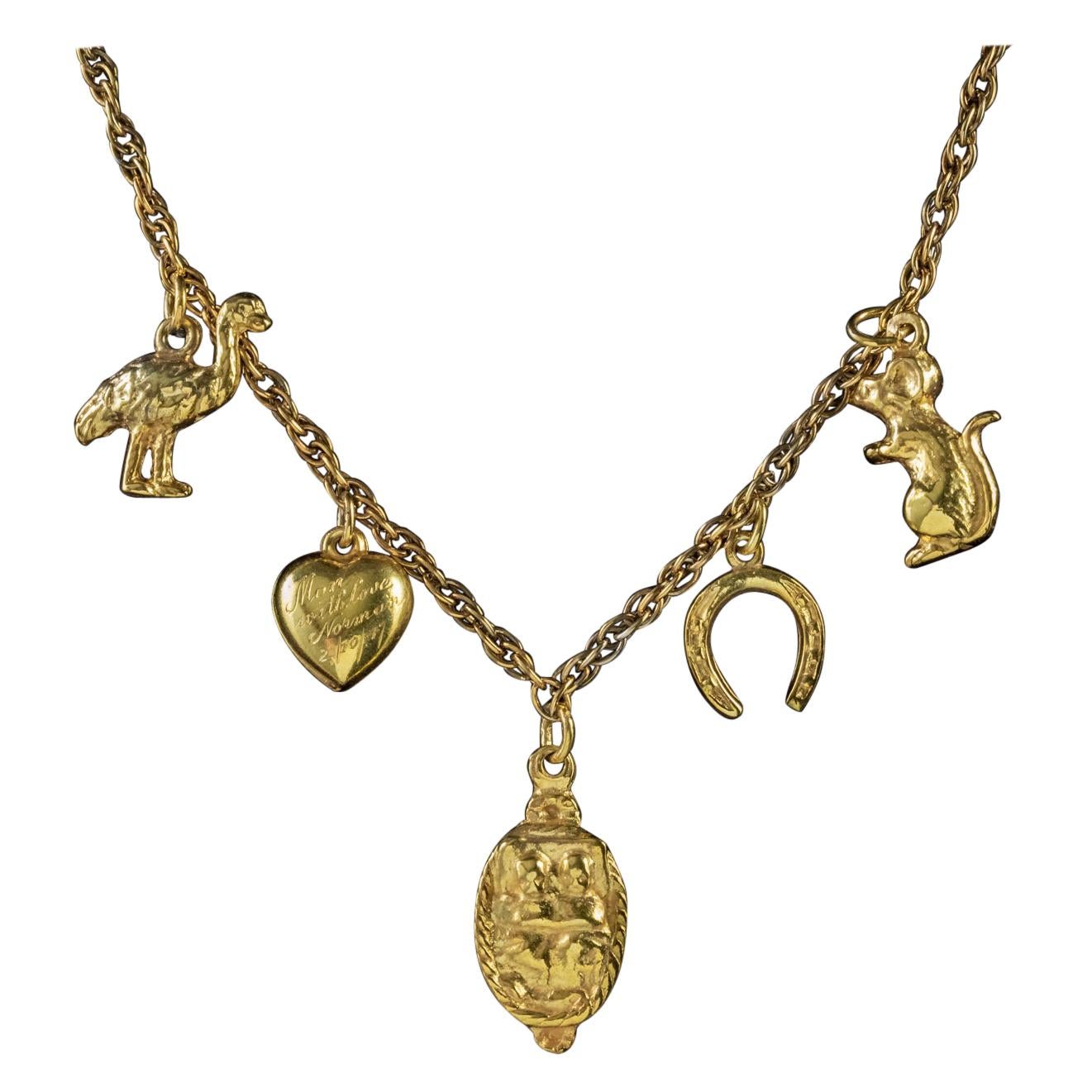 Vintage Charm Necklace 18 Carat Gold Gilt Silver Chain, circa 1947 For Sale