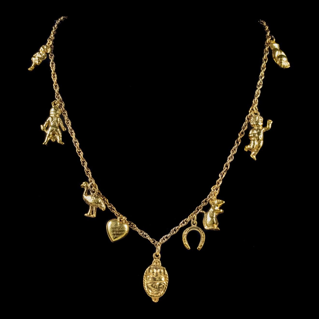 Vintage Charm Necklace 18 Carat Gold Gilt Silver Chain, circa 1947 In Good Condition For Sale In Lancaster, Lancashire