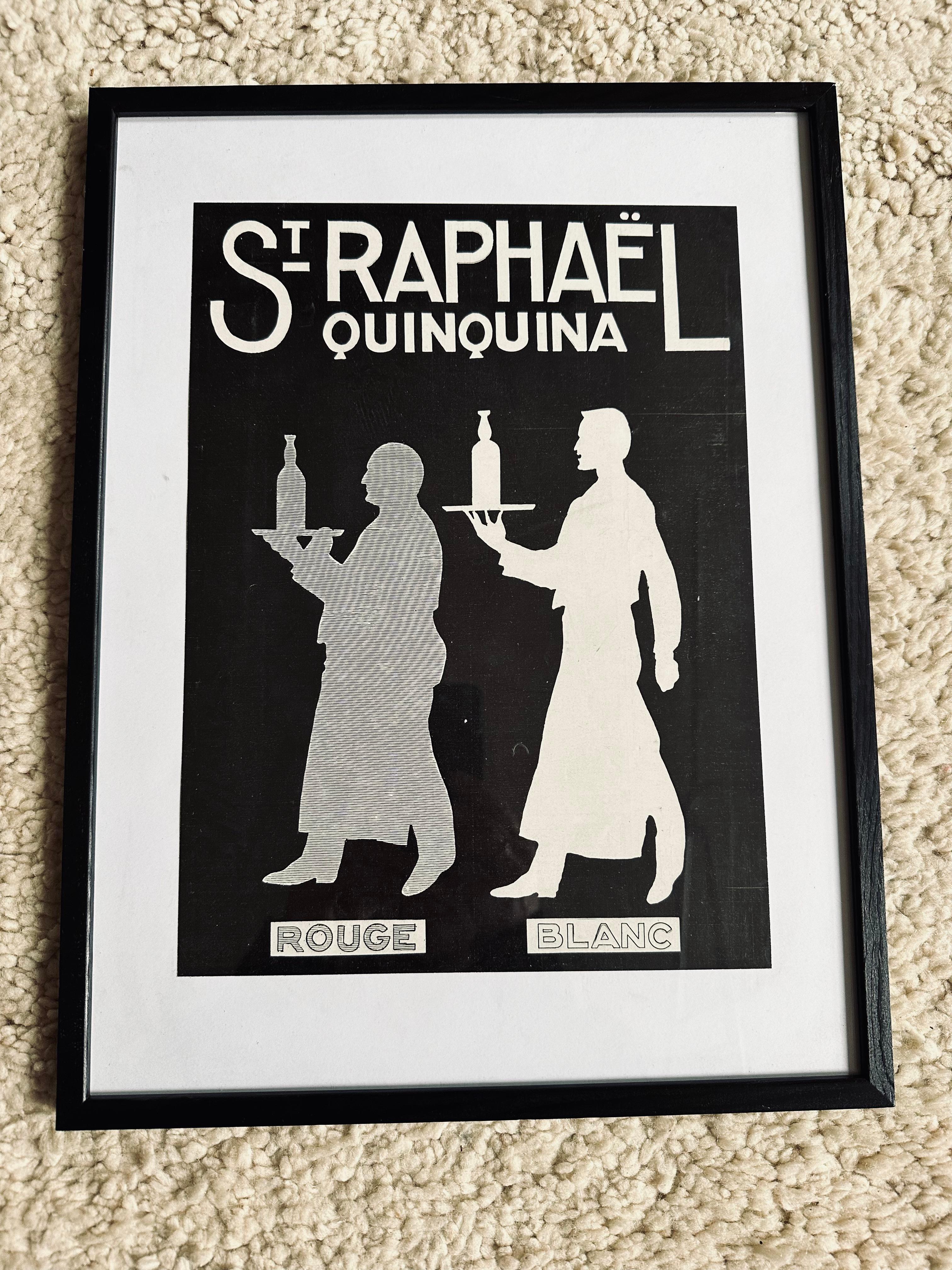 Elevate your appreciation for the past with this captivating 1920s French magazine advertisement featuring St. Raphael Quinquina Rouge and Blanc. This original offset print, encased in a rustic wooden frame, showcases the allure of the era.

Step
