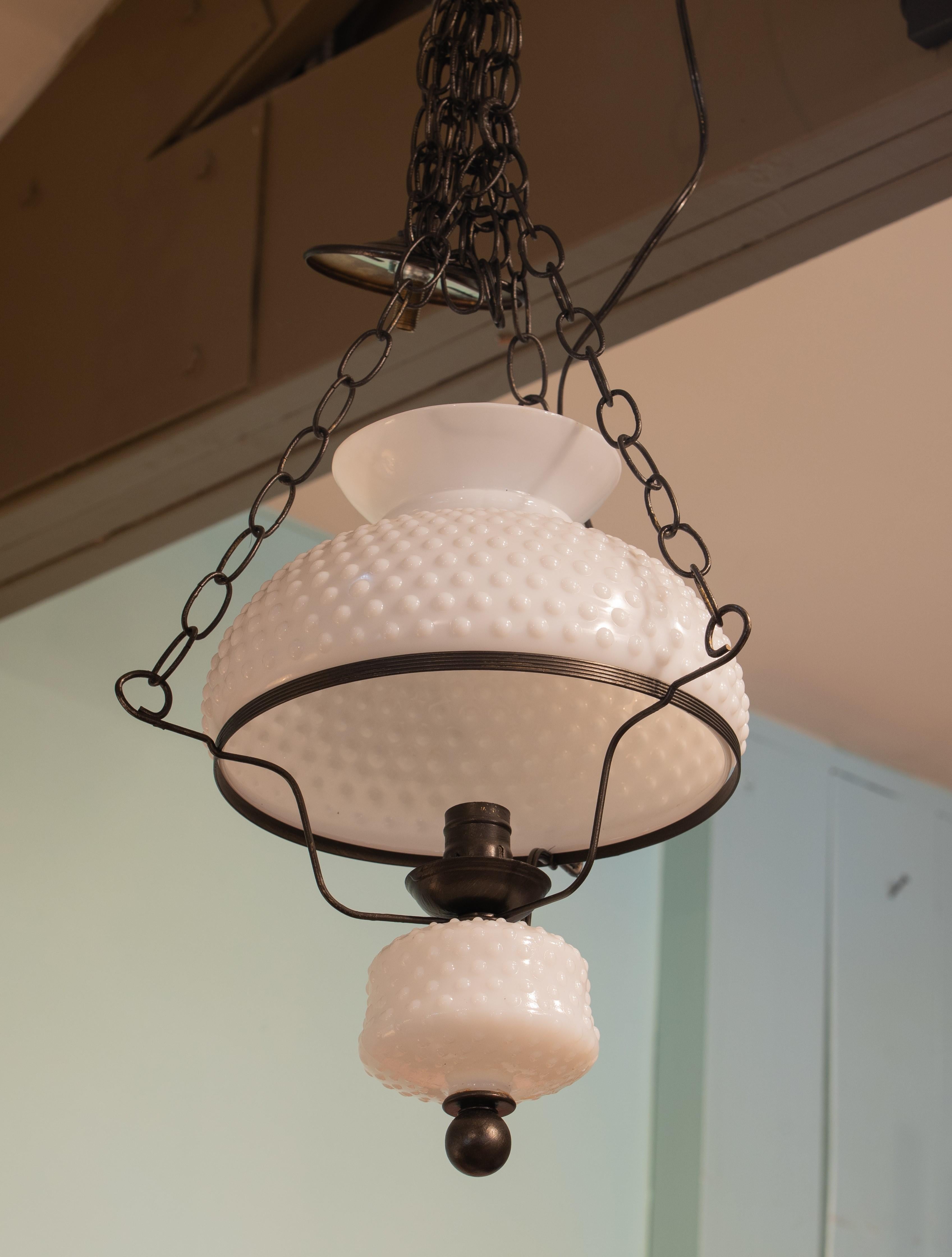 Country Vintage, Charming Hobnail Milk Glass and Antique Brass Lantern For Sale