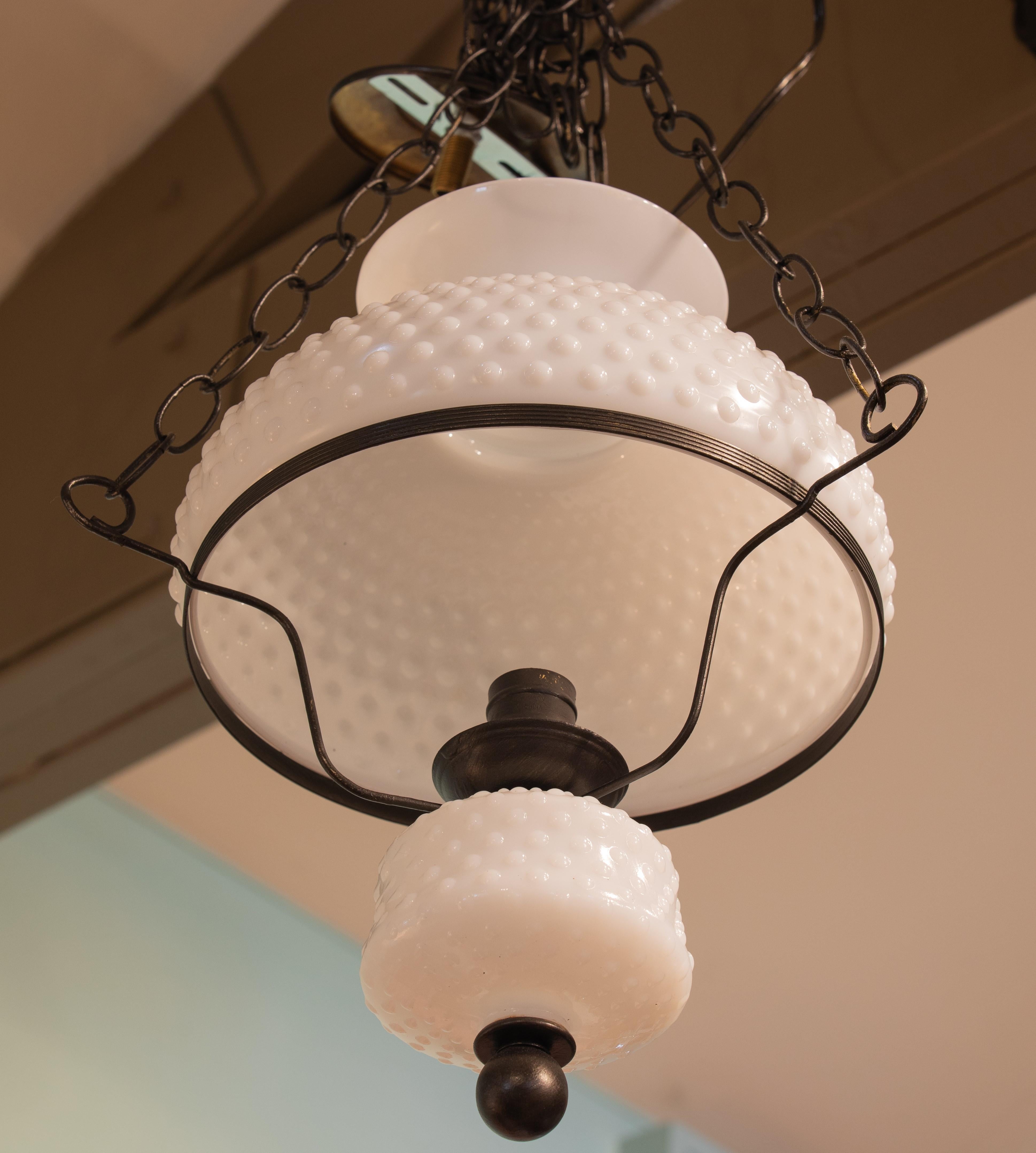 American Vintage, Charming Hobnail Milk Glass and Antique Brass Lantern For Sale