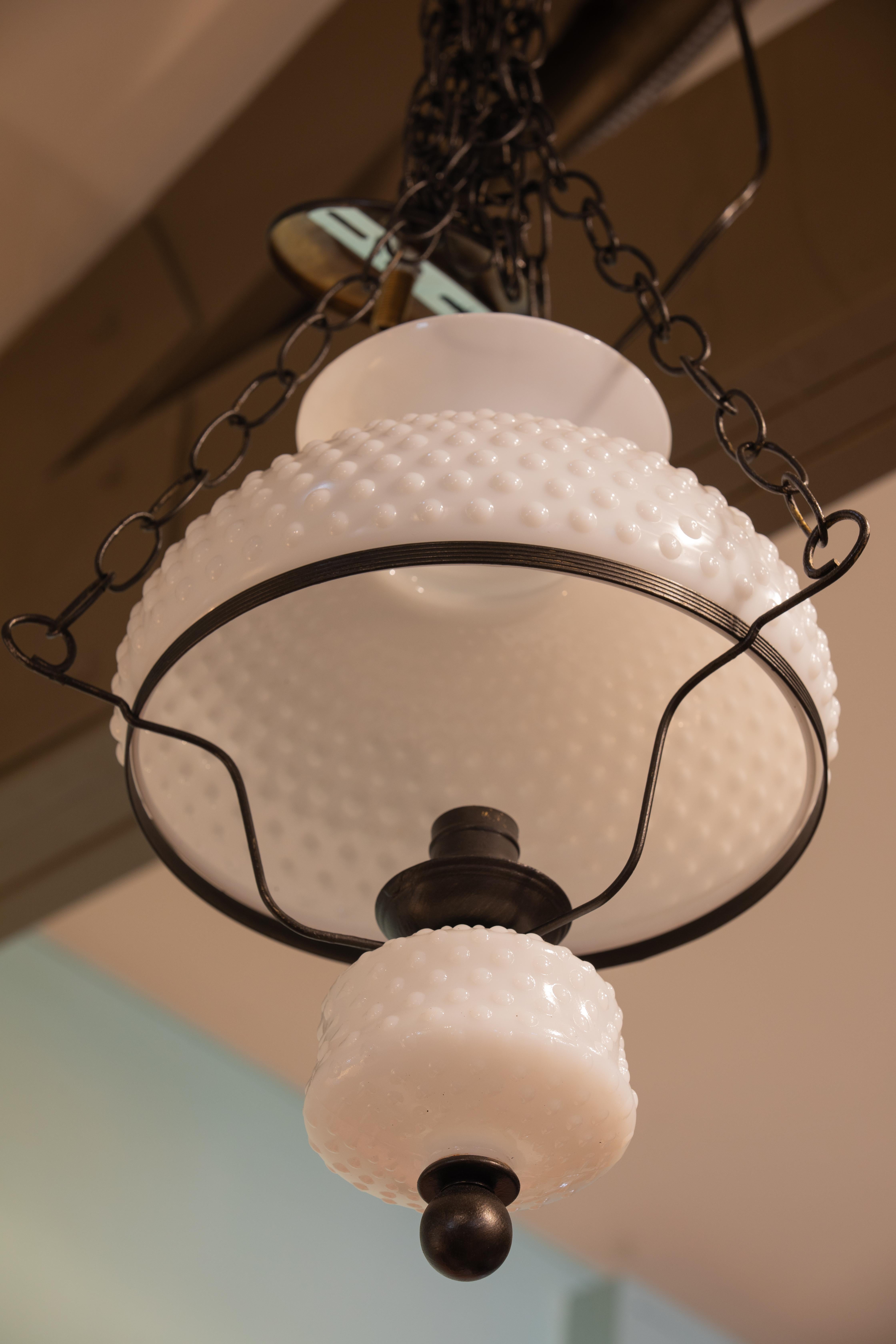 Vintage, Charming Hobnail Milk Glass and Antique Brass Lantern In Good Condition For Sale In Houston, TX