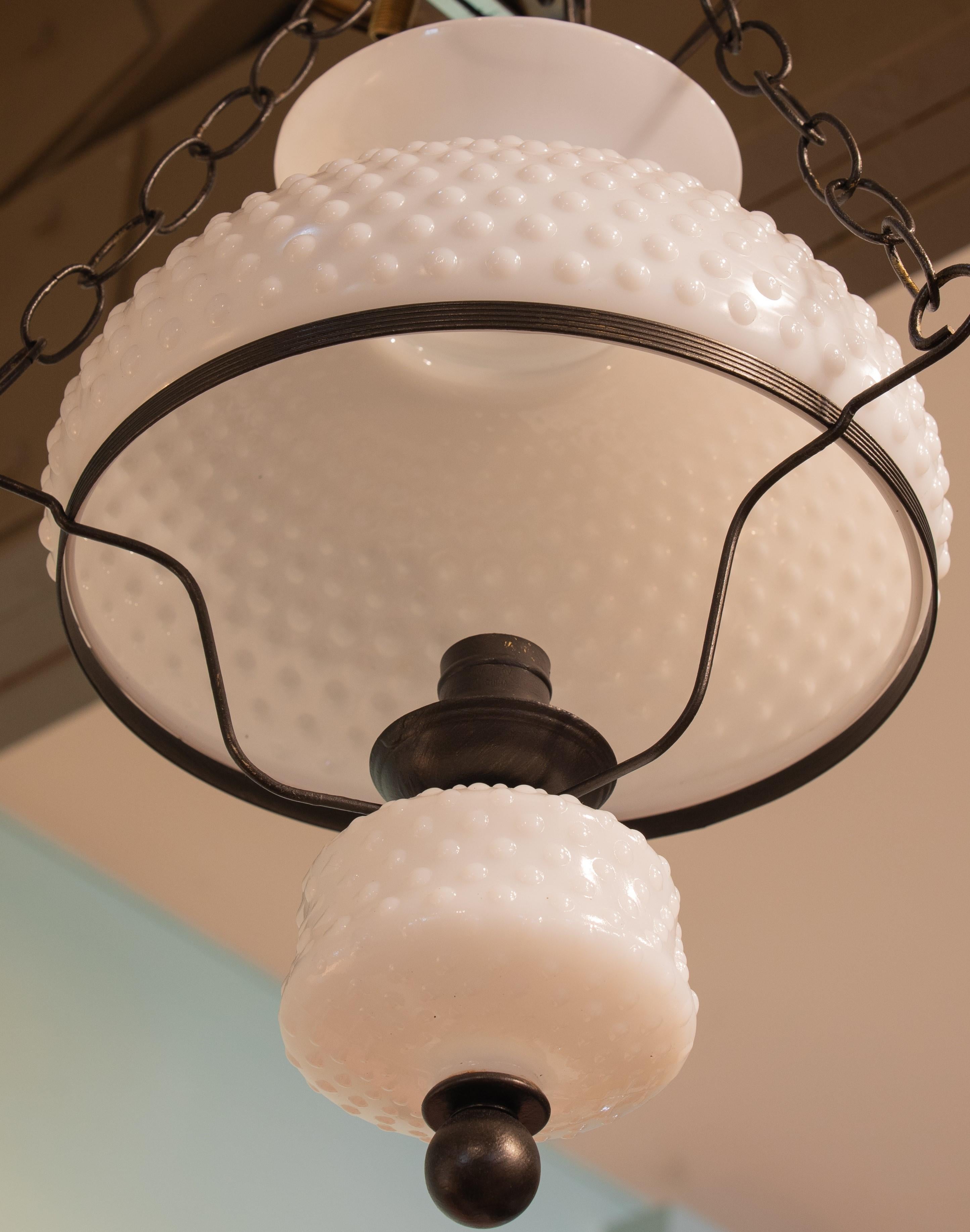 20th Century Vintage, Charming Hobnail Milk Glass and Antique Brass Lantern For Sale
