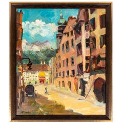 Vintage Charming Oil Painting of European Street Life, Signed by Artist