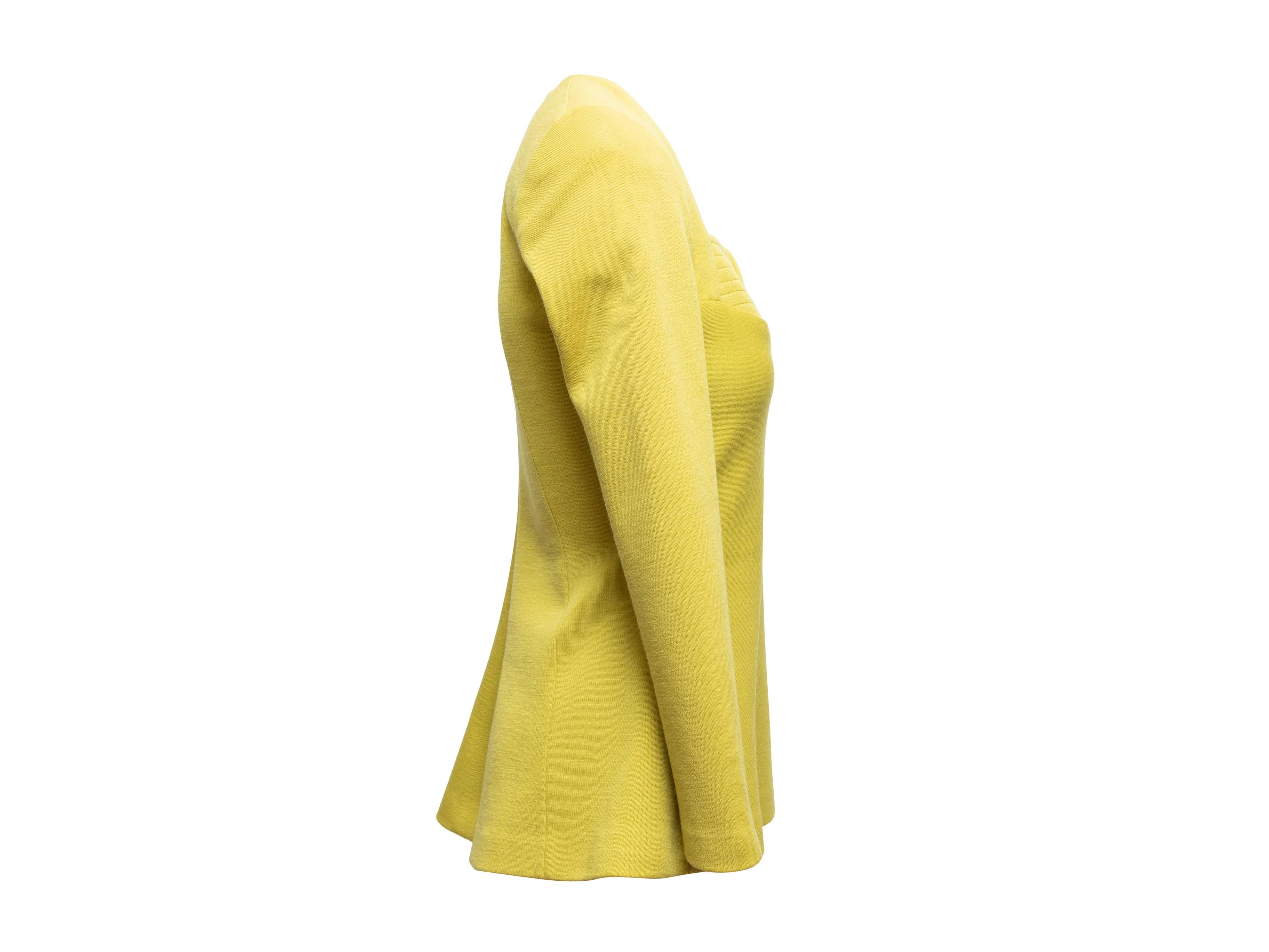 Product Details: Vintage chartreuse long sleeve top by Marc Bouwer. Sweetheart neckline. Zip closure at center back. 32