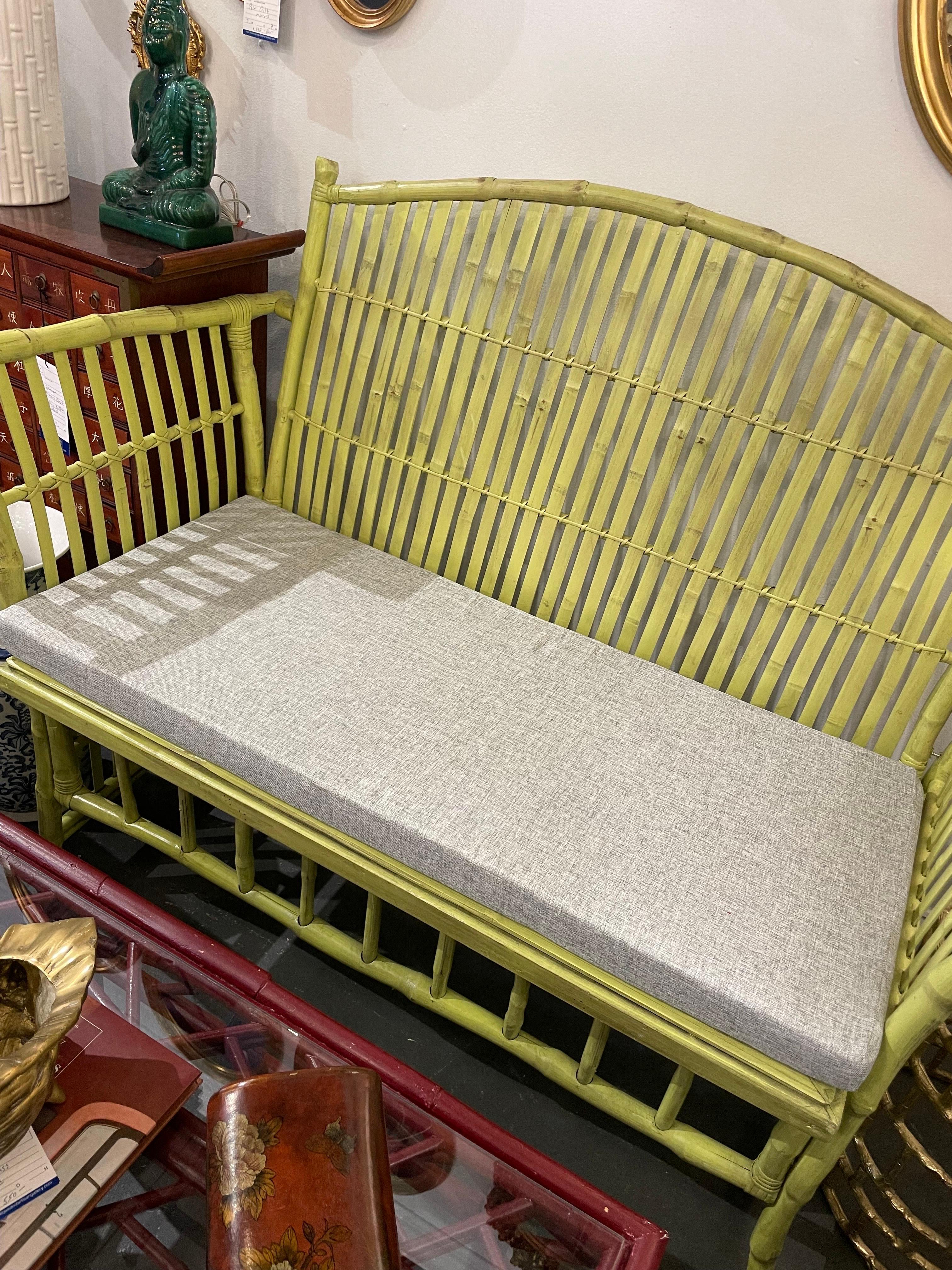 Vintage Chartreuse Painted Bamboo Bench 5