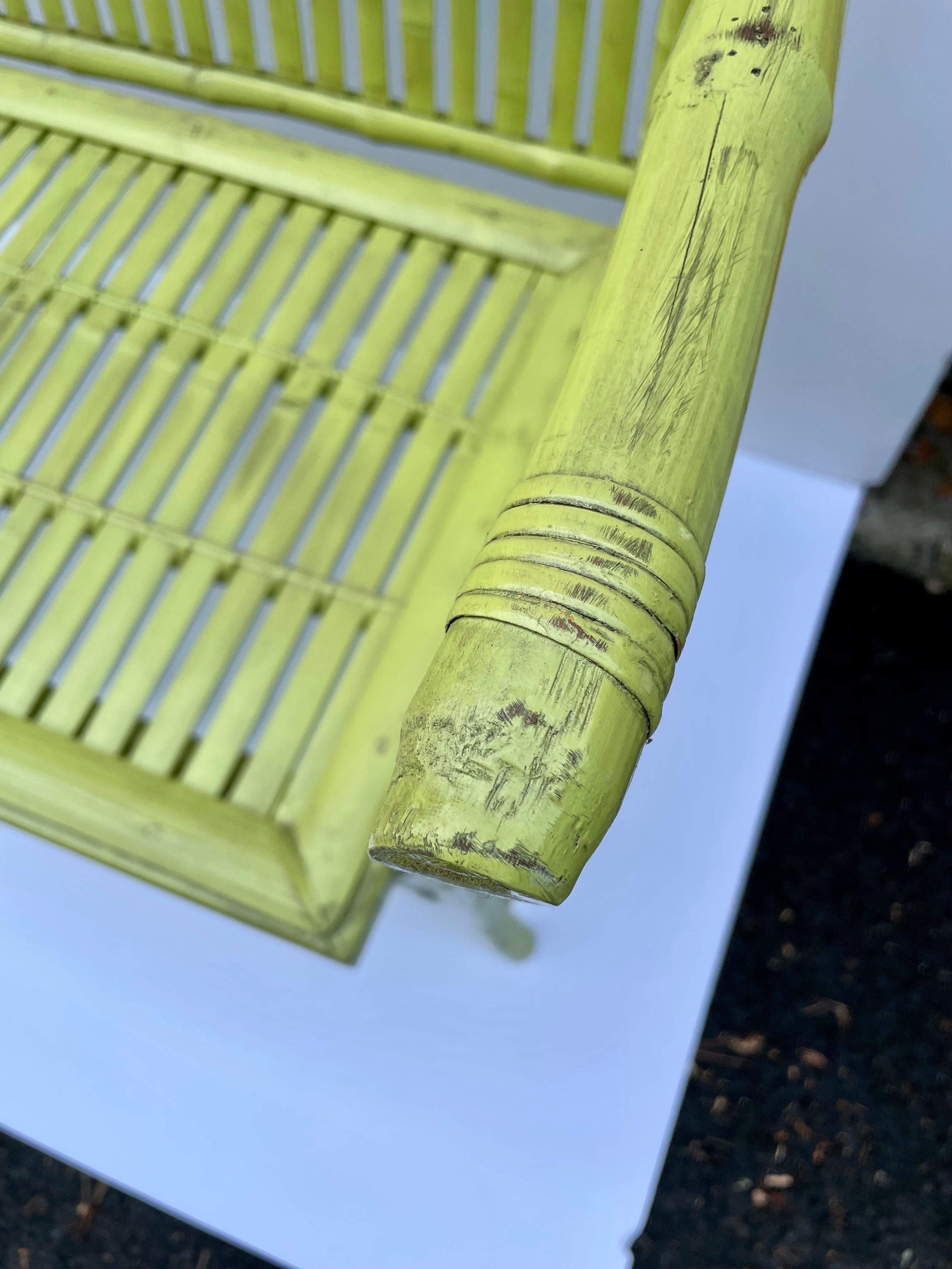 Vintage Chartreuse Painted Bamboo Bench In Good Condition In New York, NY