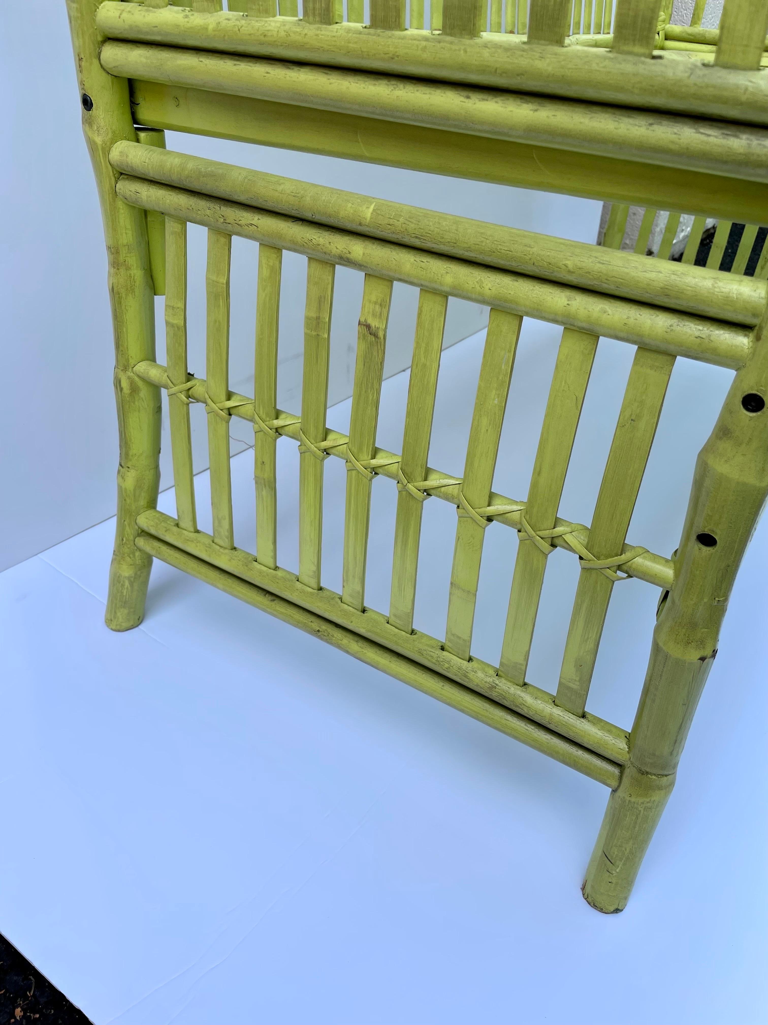 Vintage Chartreuse Painted Bamboo Bench 1