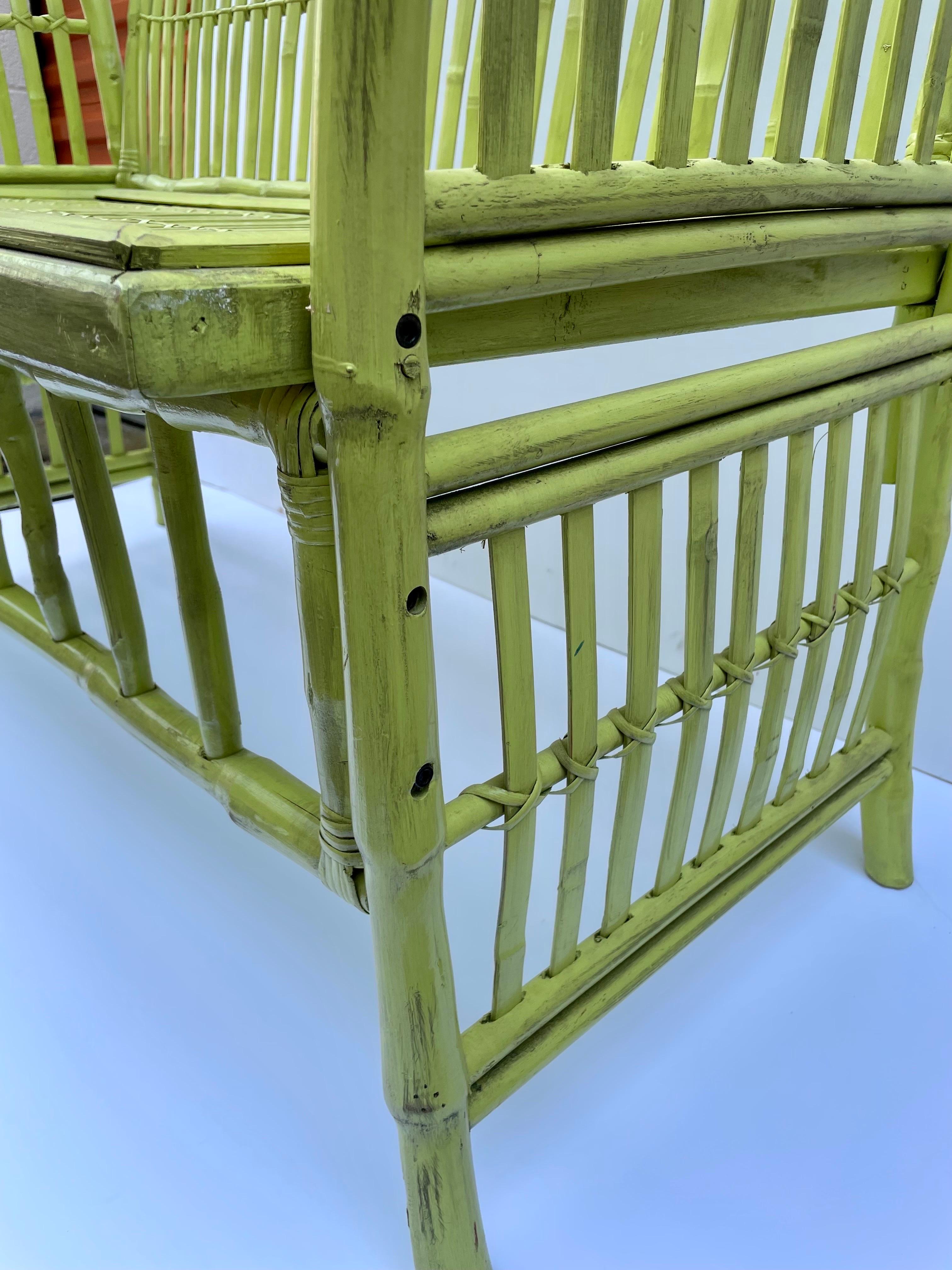 Vintage Chartreuse Painted Bamboo Bench 1