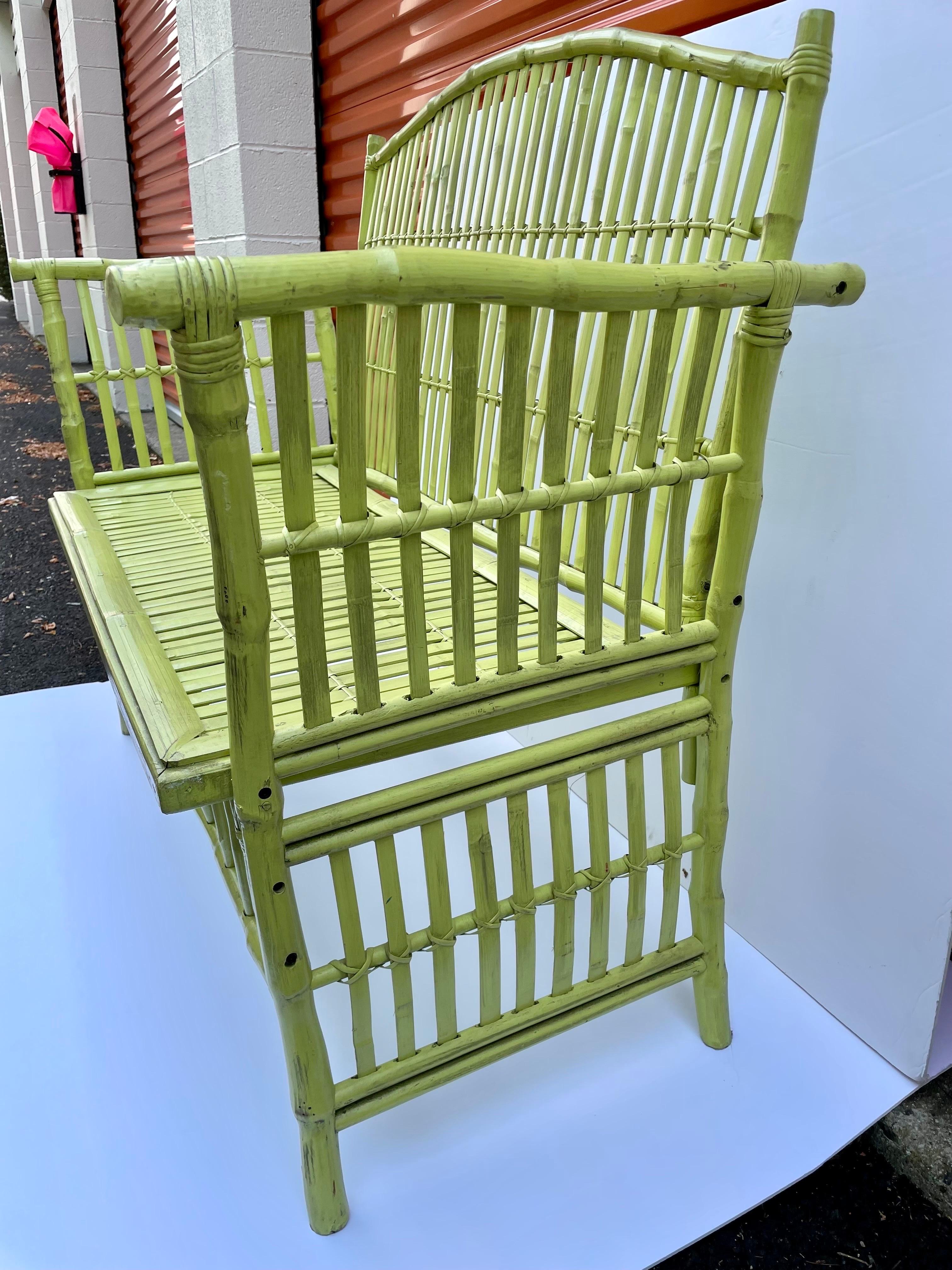 Vintage Chartreuse Painted Bamboo Bench 3