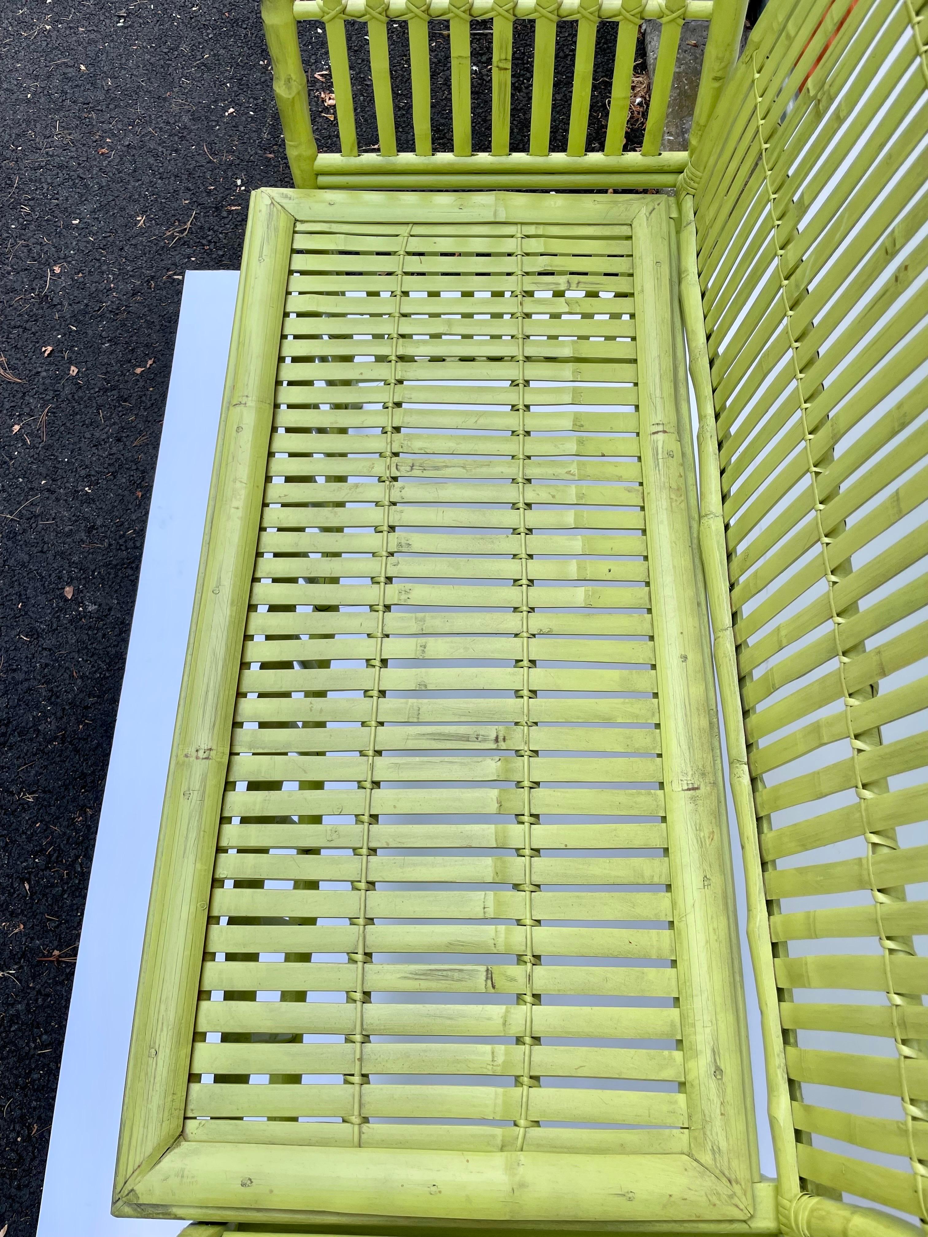 Vintage Chartreuse Painted Bamboo Bench 4