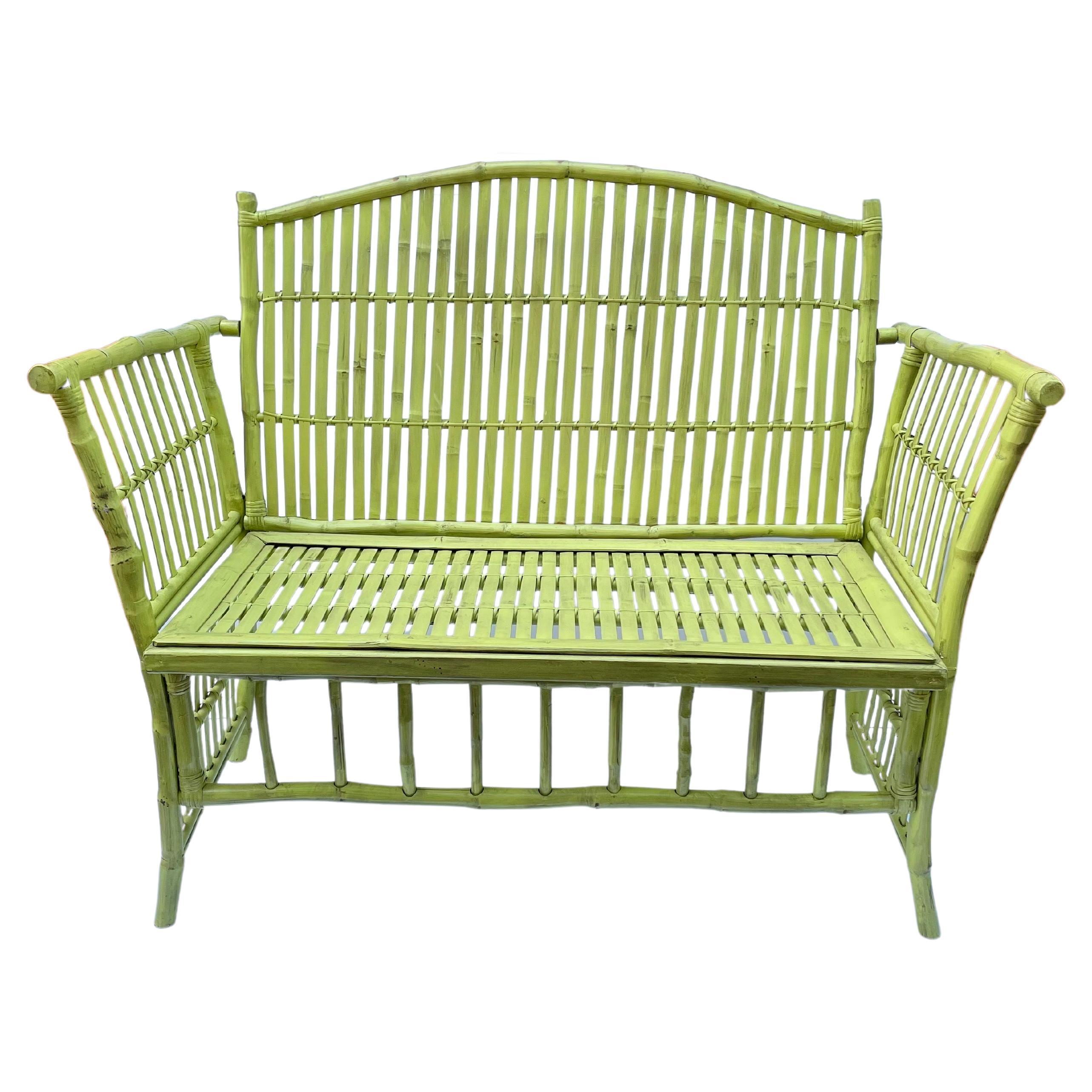 Vintage Chartreuse Painted Bamboo Bench