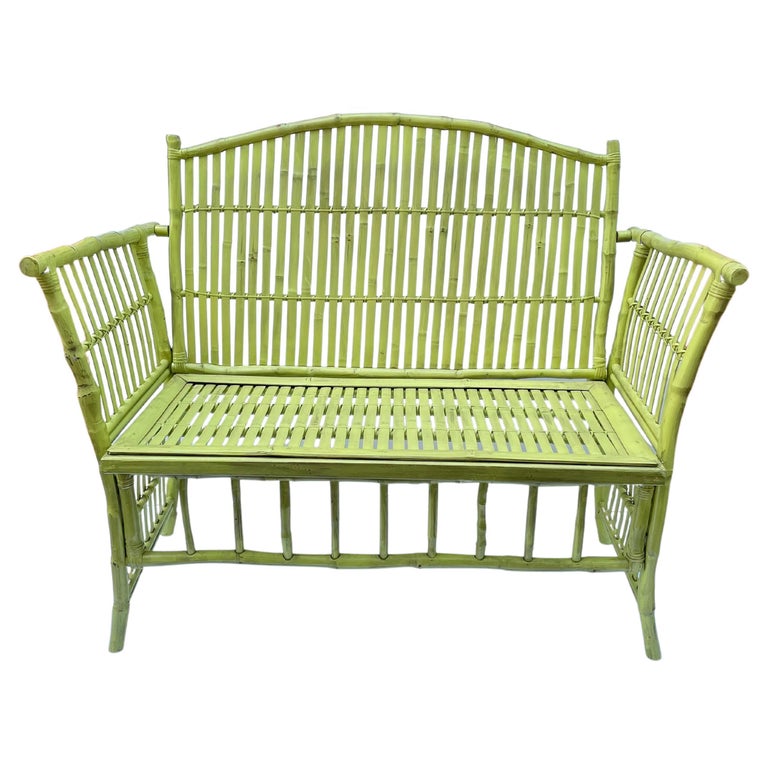 Vintage Chartreuse Painted Bamboo Bench For Sale at 1stDibs