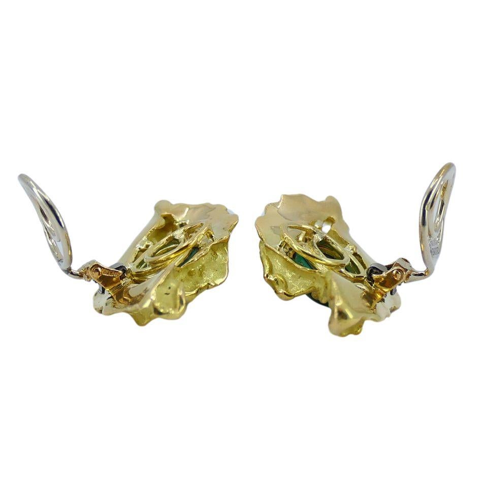 Women's Vintage Chaumet 18k Gold Diamond Malachite Clip Earrings For Sale