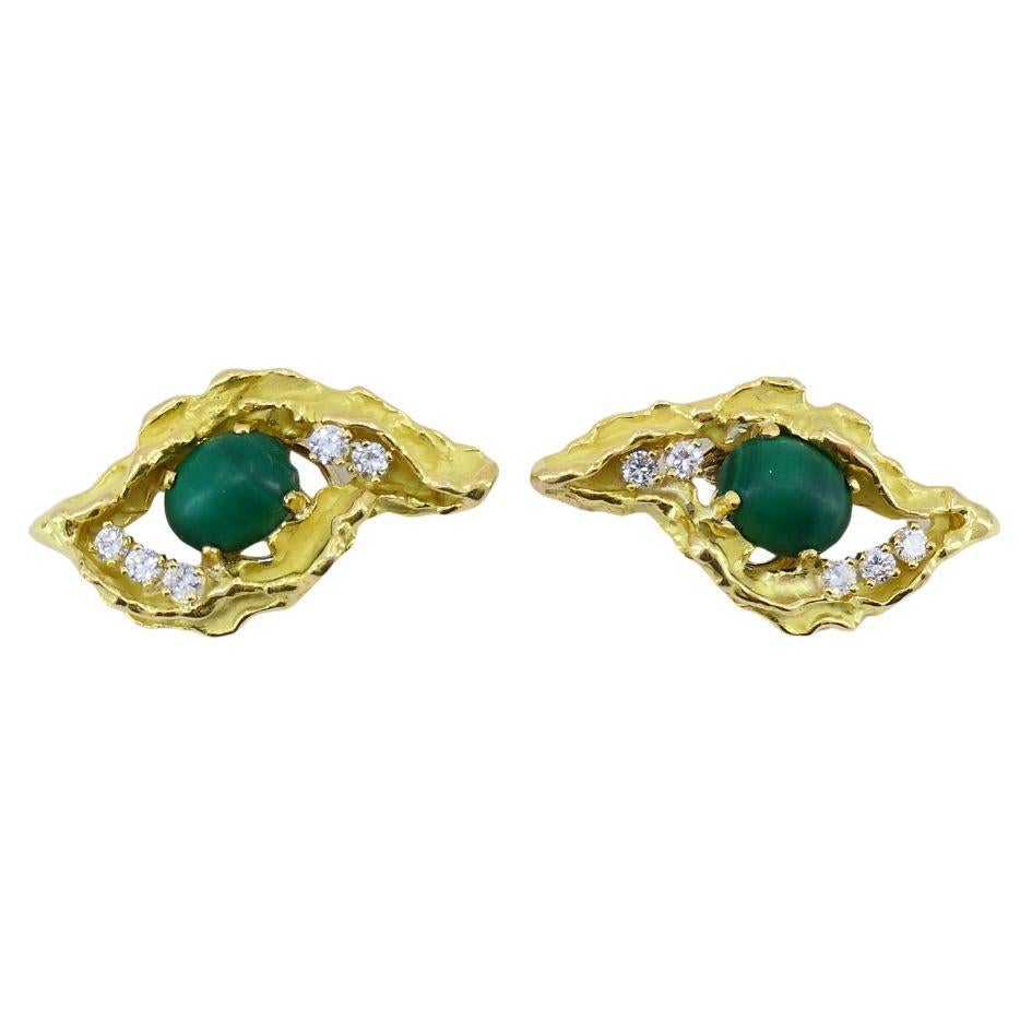 Vintage Chaumet 18k Gold Diamond Malachite Clip Earrings For Sale 1