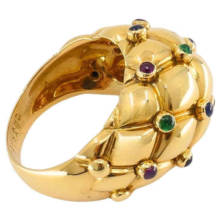 Vintage Chaumet 18k Gold Dome Cocktail Ring with Gemstones Original Box