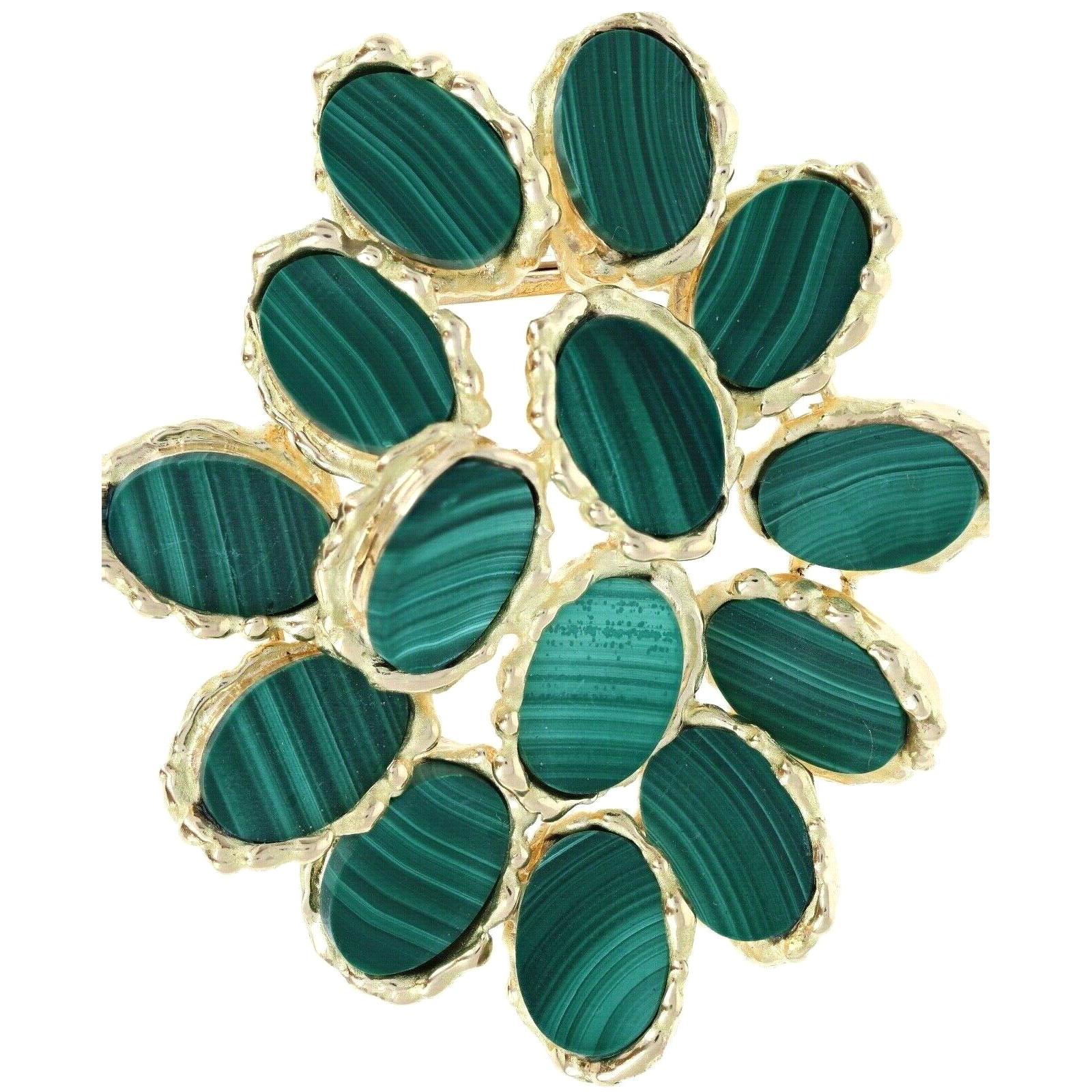 Vintage Chaumet 18 Karat Yellow Gold and Malachite Brooch 41.28g For Sale