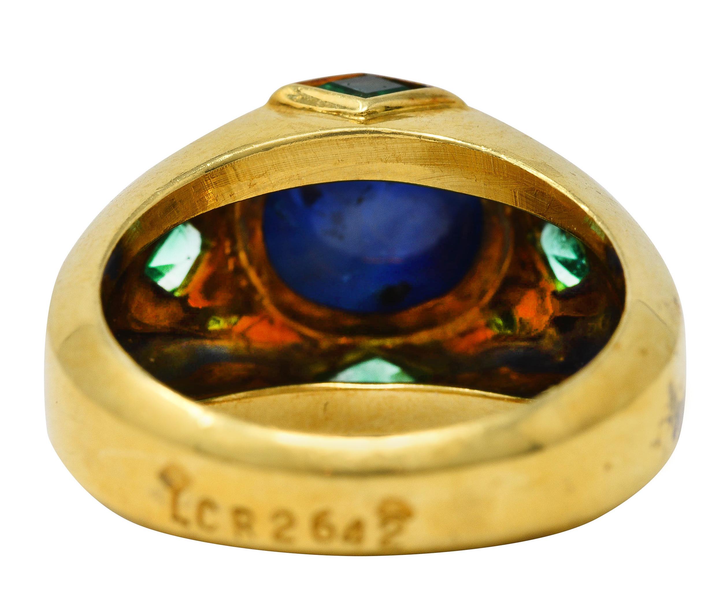 Contemporary Vintage Chaumet 5.35 Carats Sapphire Emerald 18 Karat Yellow Gold Gemstone Ring