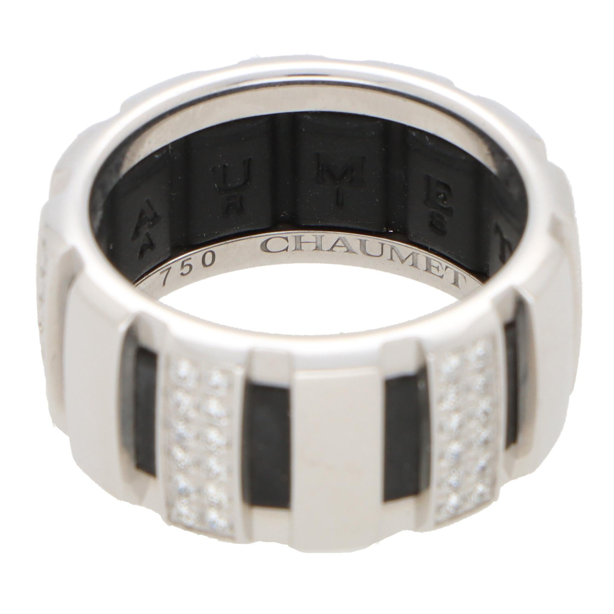 Round Cut Vintage Chaumet 'Class One' Rubber and Diamond Band Ring in 18k White Gold For Sale