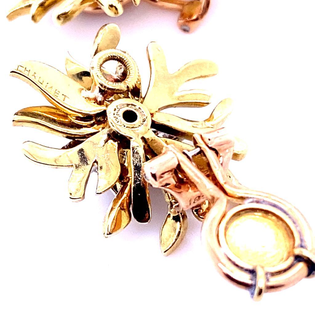 Round Cut Vintage Chaumet Diamond Flower Earrings 18 Karat Yellow White Gold For Sale
