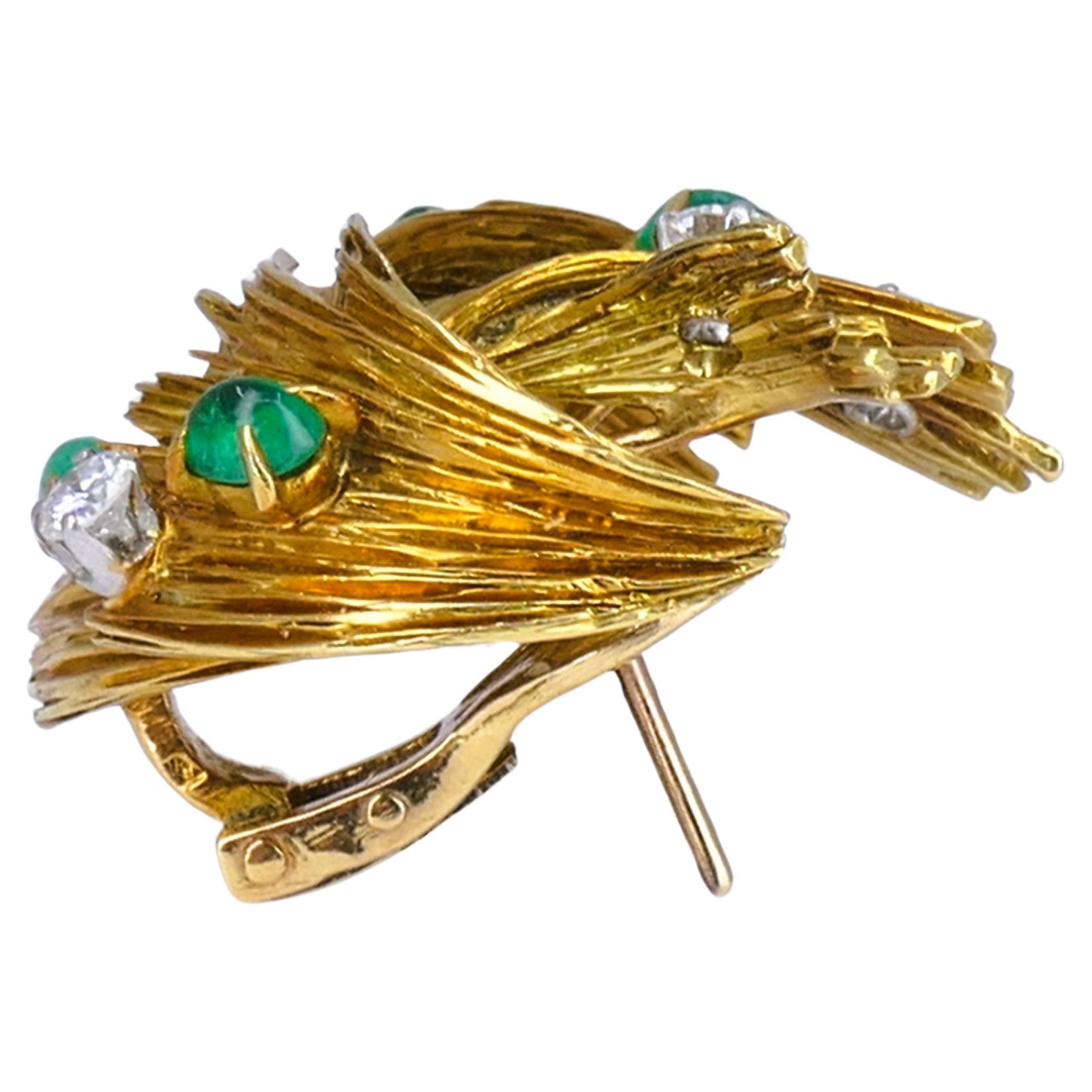 Women's Vintage Chaumet Gold Earrings Emerald Diamond Estate Jewelry