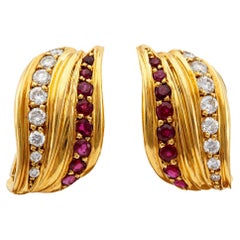 Vintage Chaumet Paris Diamond and Ruby 18k Yellow Gold Ear Clip Earrings