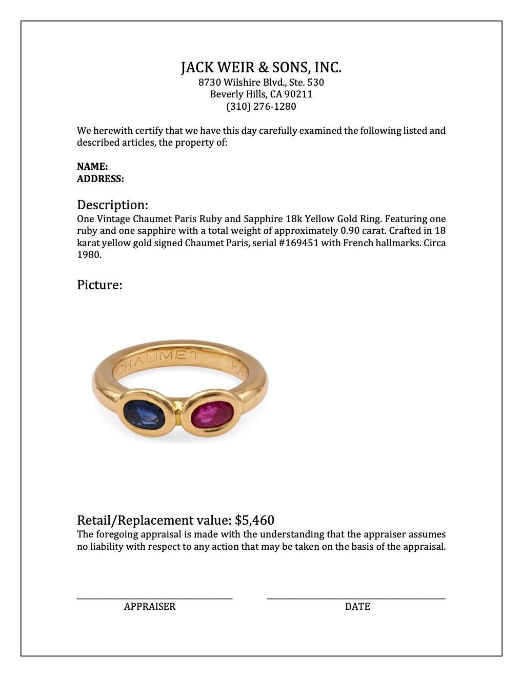Vintage Chaumet Paris Ruby and Sapphire 18k Yellow Gold Ring In Good Condition In Beverly Hills, CA