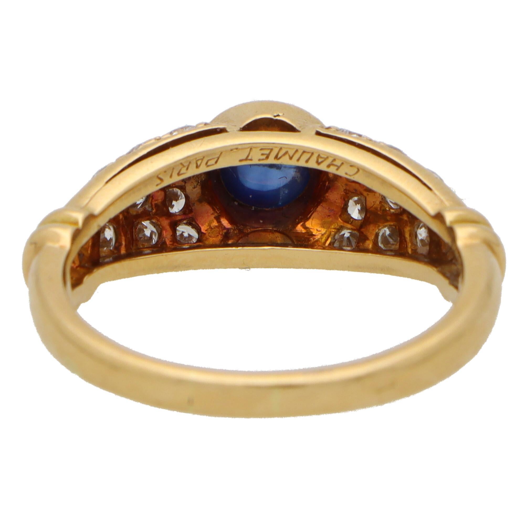 Retro Vintage Chaumet Paris Sapphire and Diamond Ring Set in 18k Yellow Gold For Sale