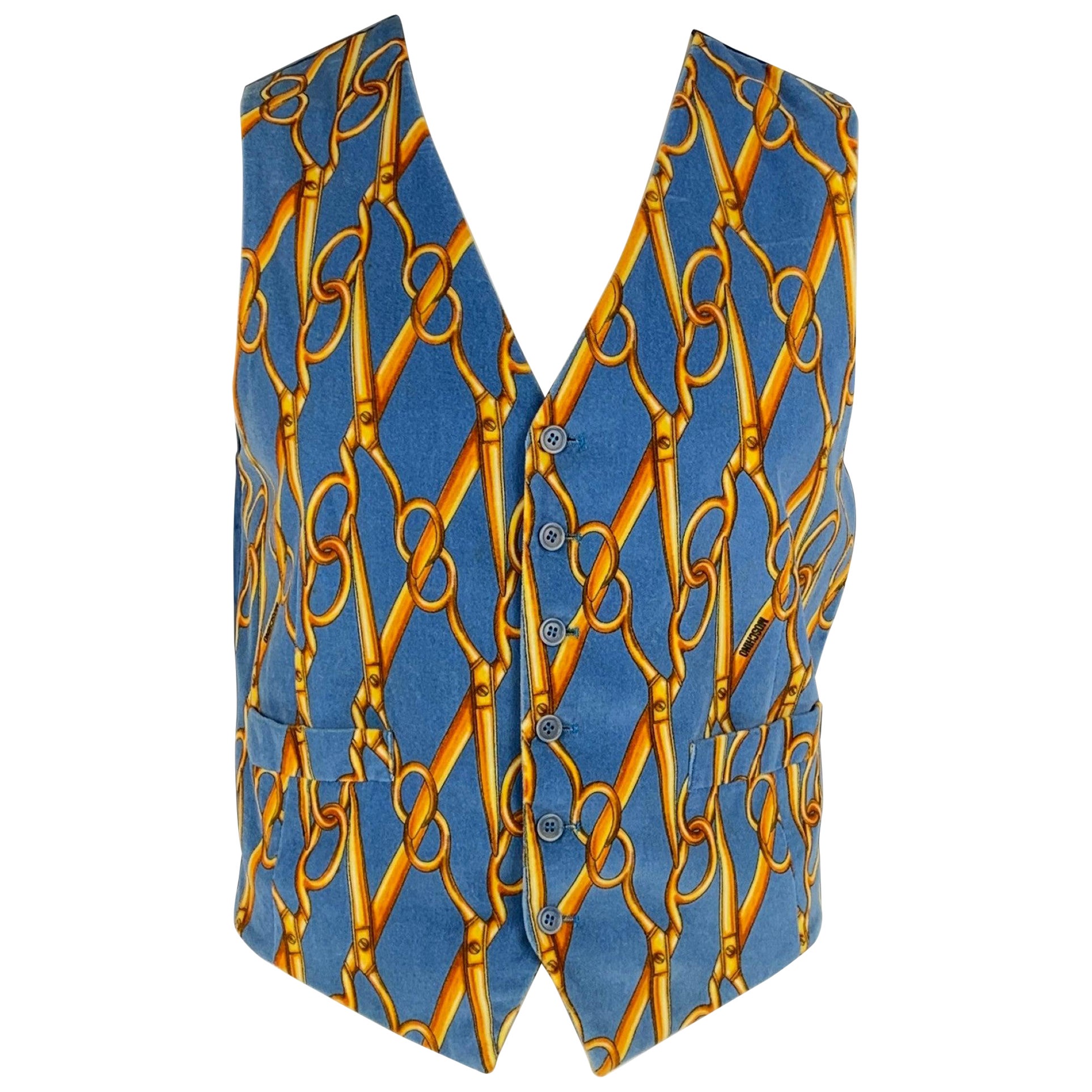 Vintage Cheap and Chic di Moschino taglia 42 Gilet con bottoni in velluto blu e giallo in vendita