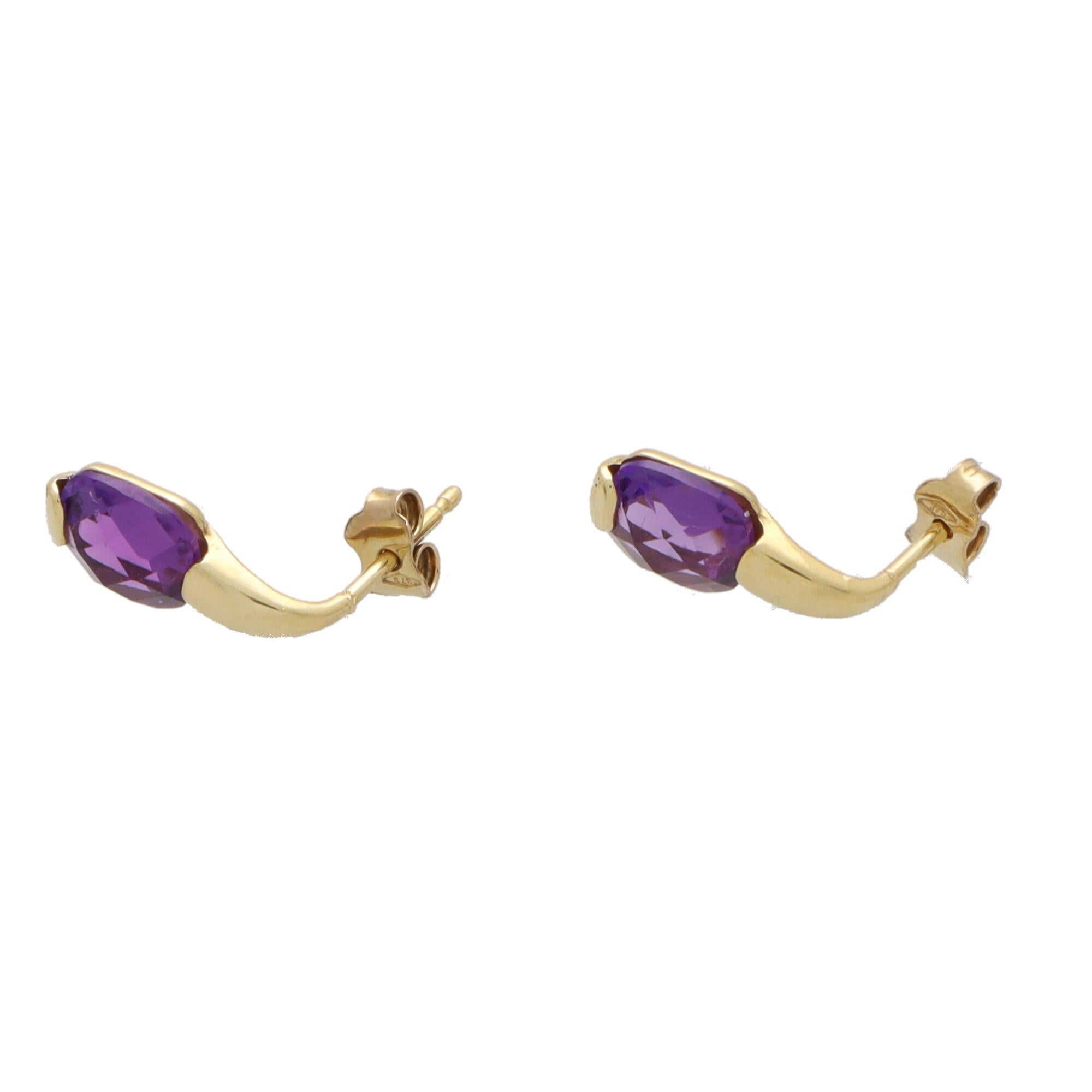 Retro Vintage Checkerboard Amethyst Drop Earrings in 18k Yellow Gold