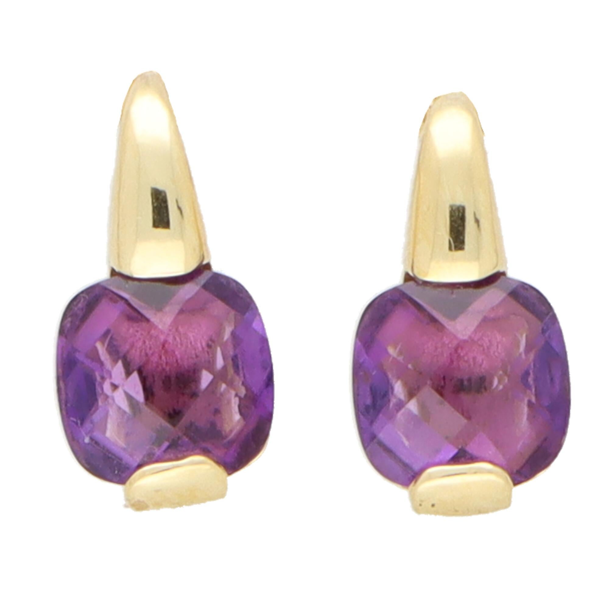 Vintage Checkerboard Amethyst Drop Earrings in 18k Yellow Gold In Excellent Condition In London, GB