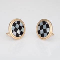 Vintage Checkerboard Earrings Larter & Sons Inlaid Onyx MOP 14k Yellow Gold