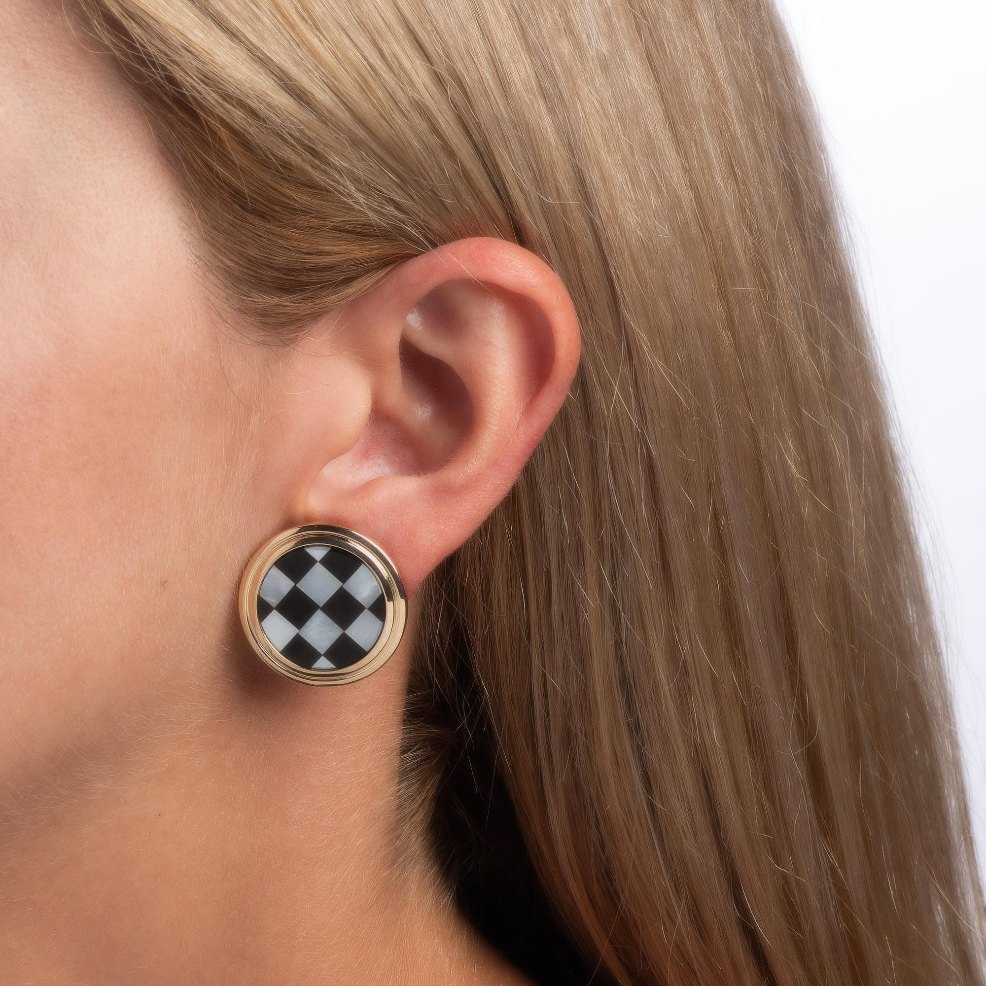 Modern Vintage Checkerboard Earrings Larter & Sons Inlaid Onyx MOP 14k Yellow Gold For Sale
