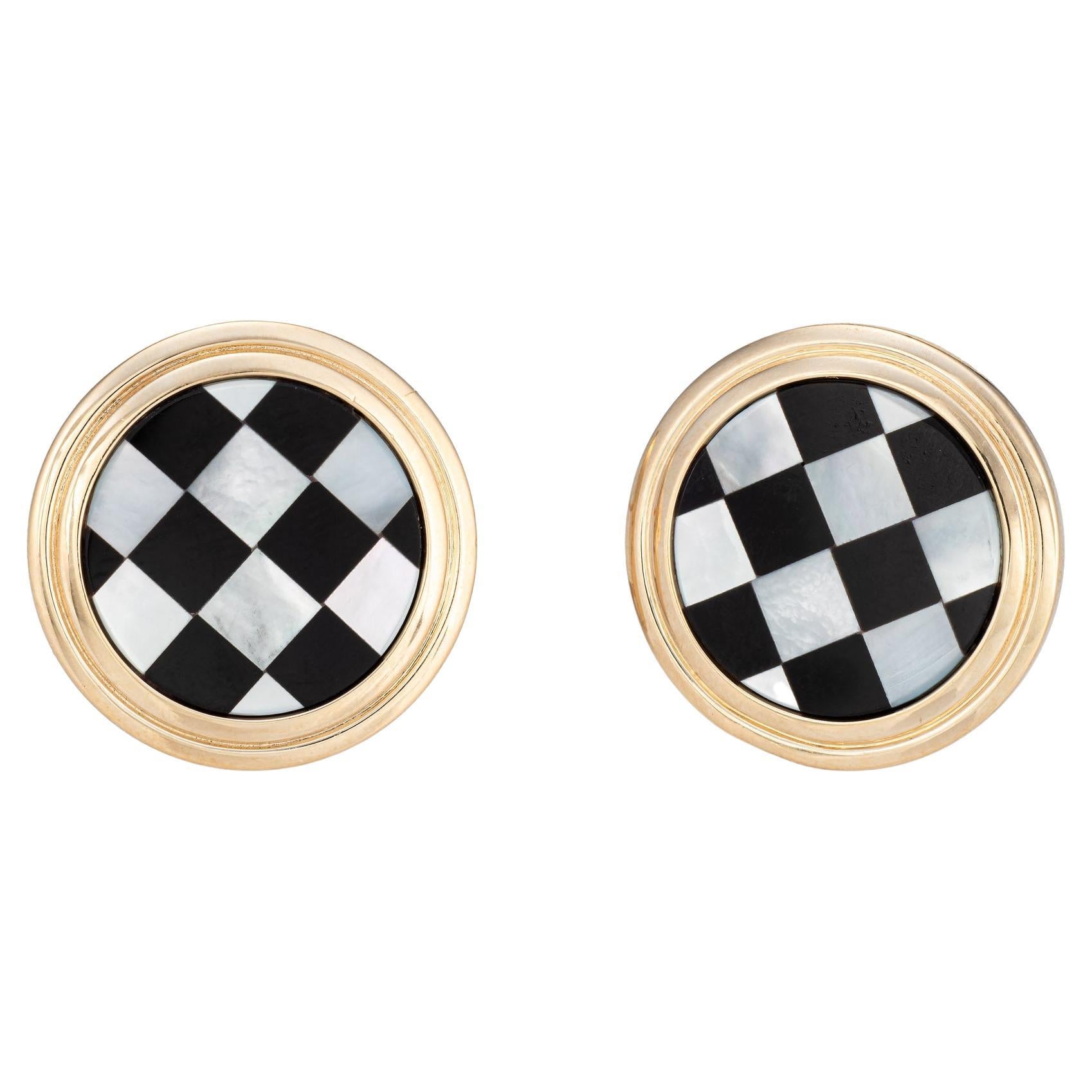 Vintage Checkerboard Earrings Larter & Sons Inlaid Onyx MOP 14k Yellow Gold For Sale