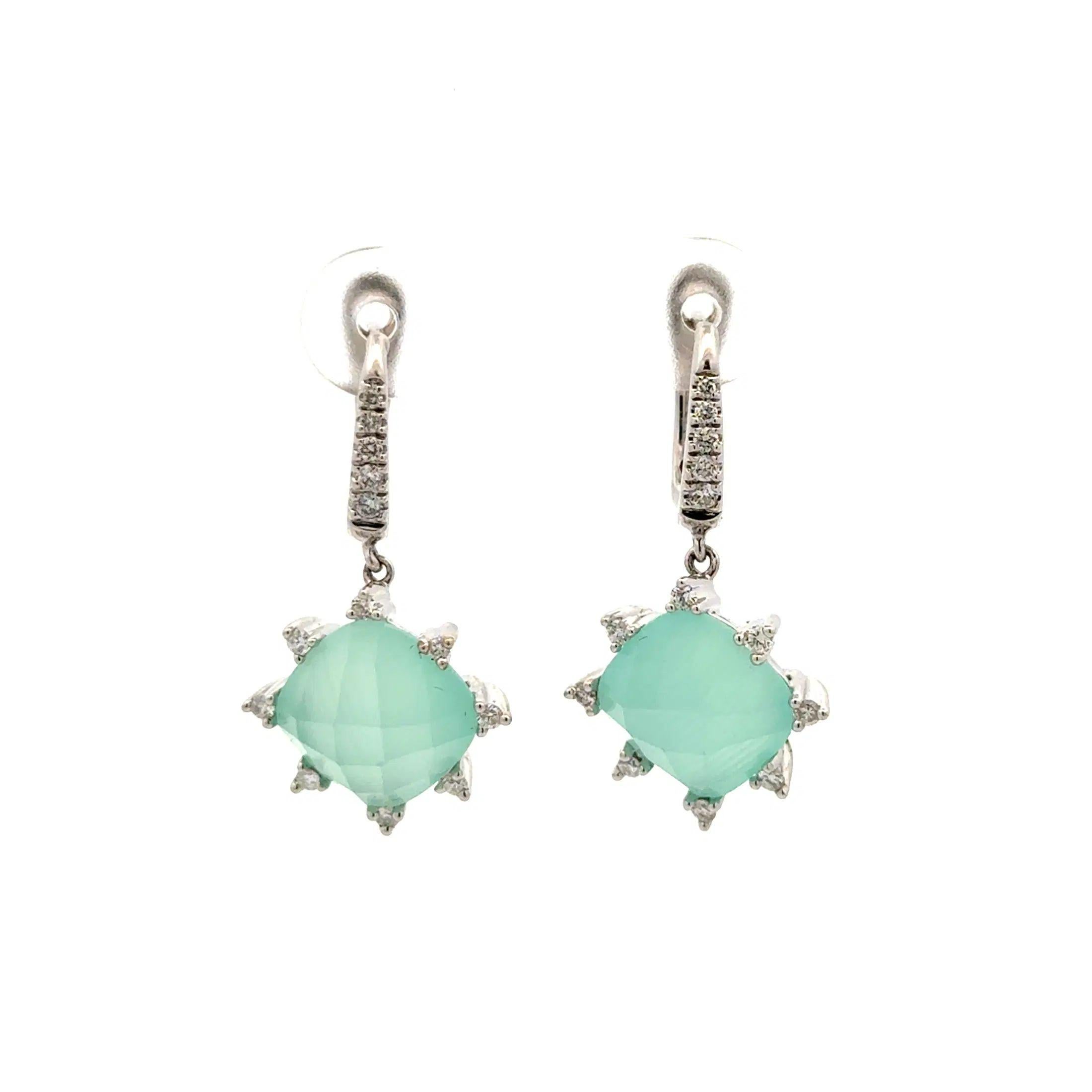 Modernist Vintage Checkerboard Green Chalcedony and Diamond Gold Drop Earrings For Sale