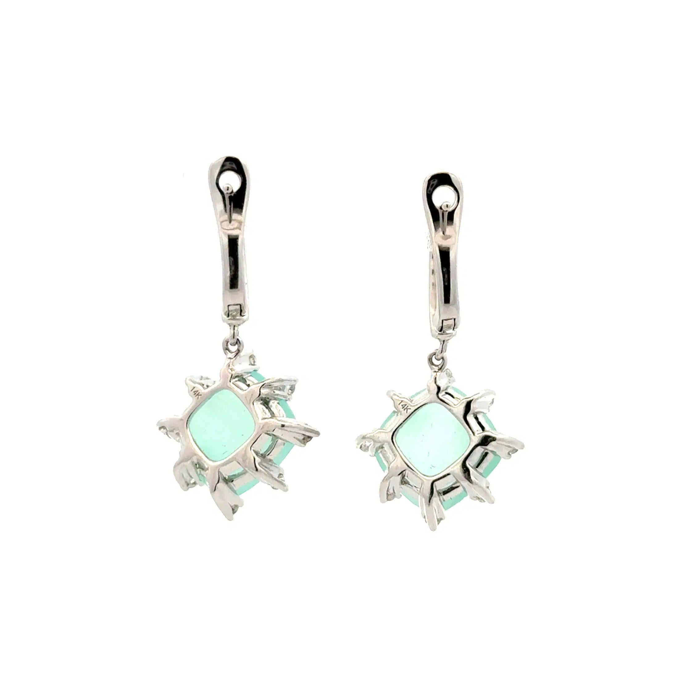 Mixed Cut Vintage Checkerboard Green Chalcedony and Diamond Gold Drop Earrings For Sale