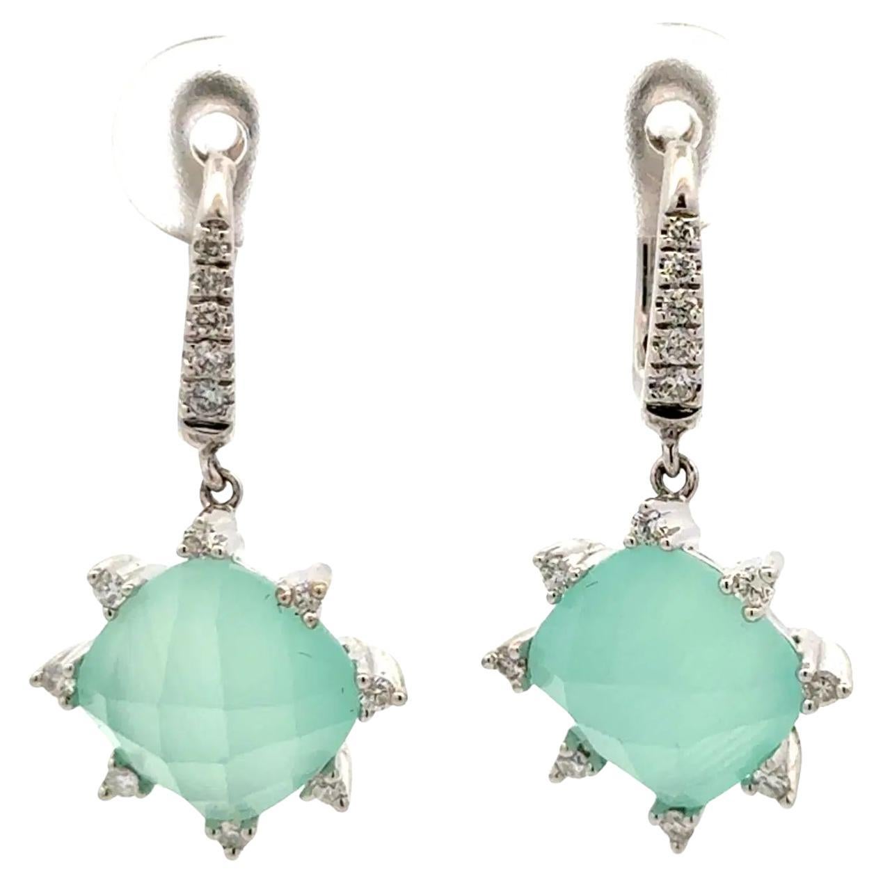 Vintage Checkerboard Green Chalcedony and Diamond Gold Drop Earrings For Sale