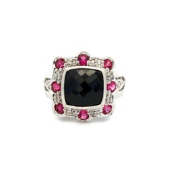 Vintage Checkerboard Onyx Rubellite Tourmaline and Diamond Gold Cocktail Ring
