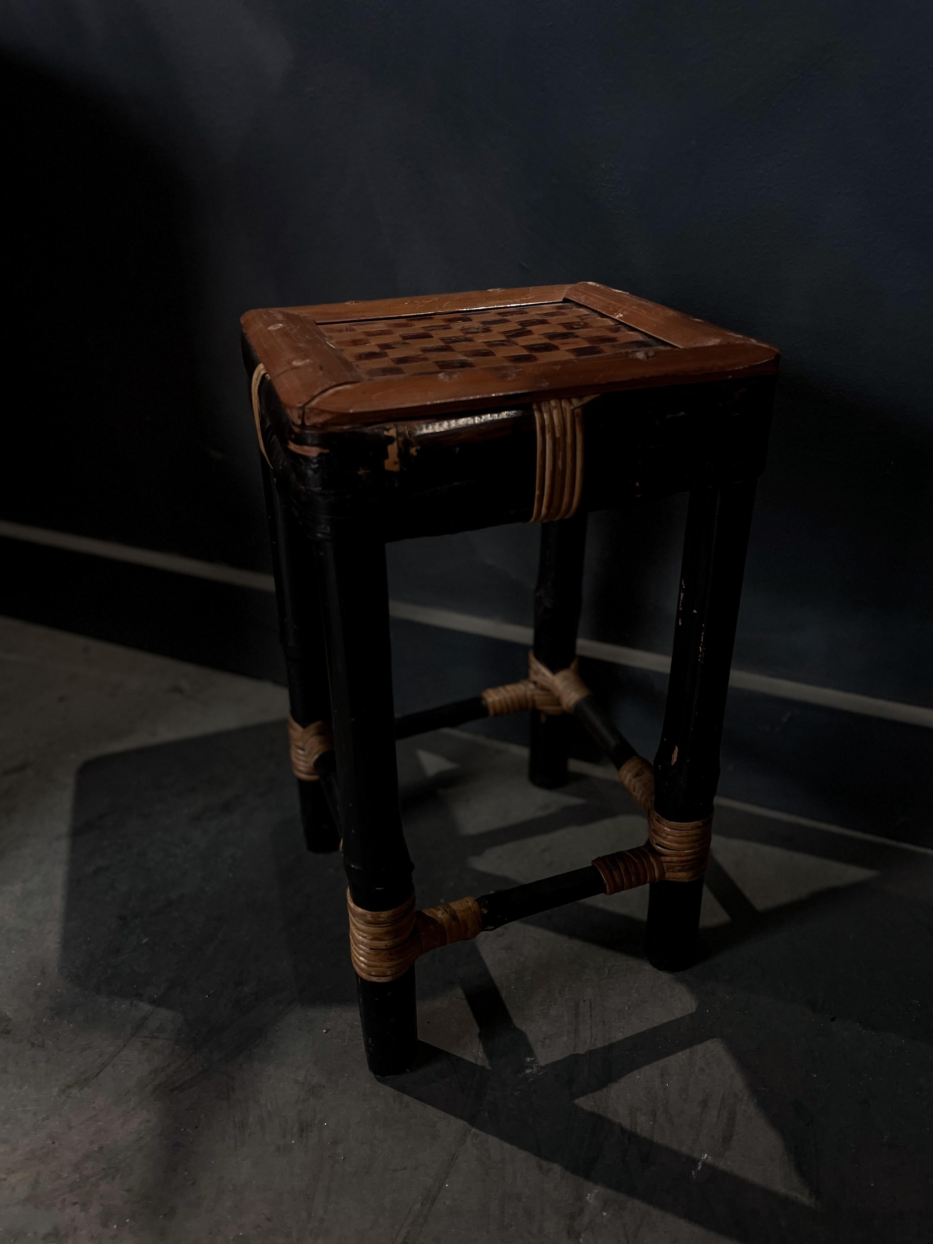 Adorable small bamboo stool/side table with checkered top