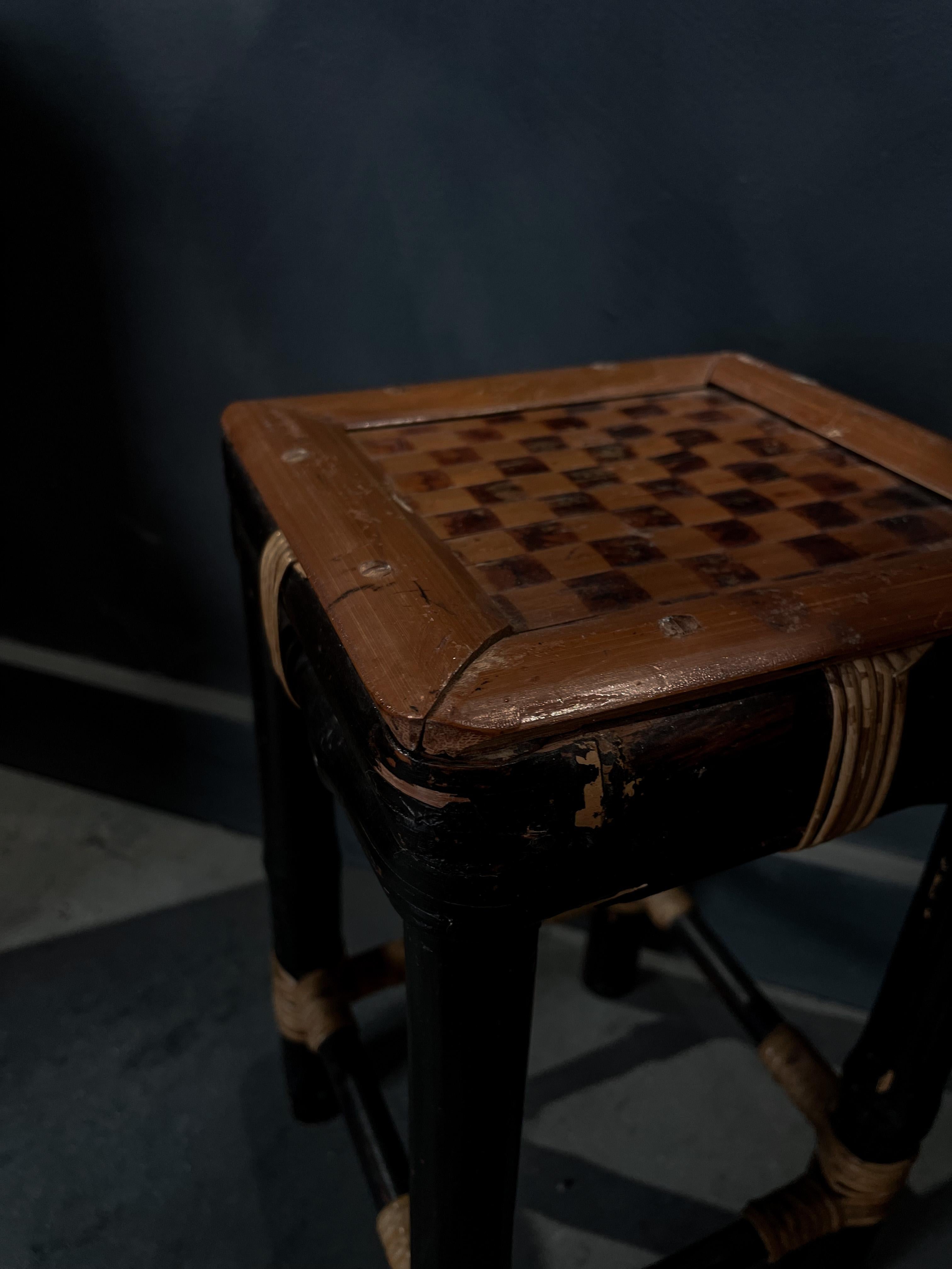 Vintage Checkered Bamboo Stool Side Table In Good Condition For Sale In Asheville, NC